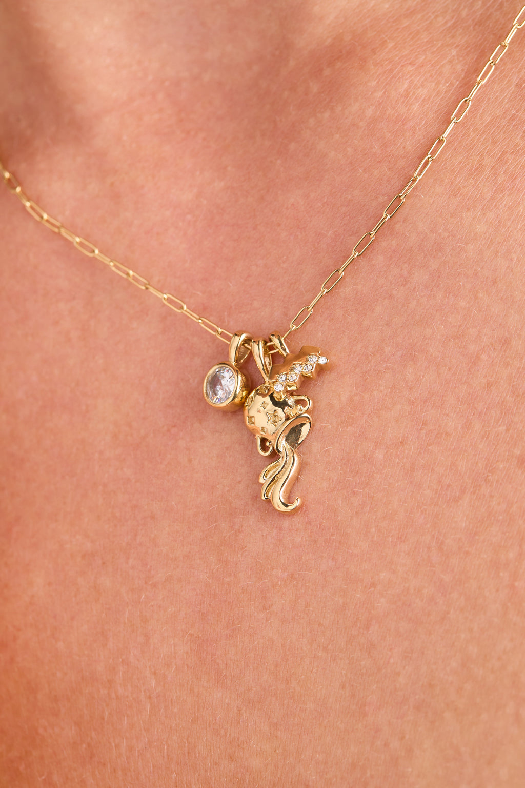 Aquarius Zodiac Charm Cluster Necklace with Crystal Pave Accents