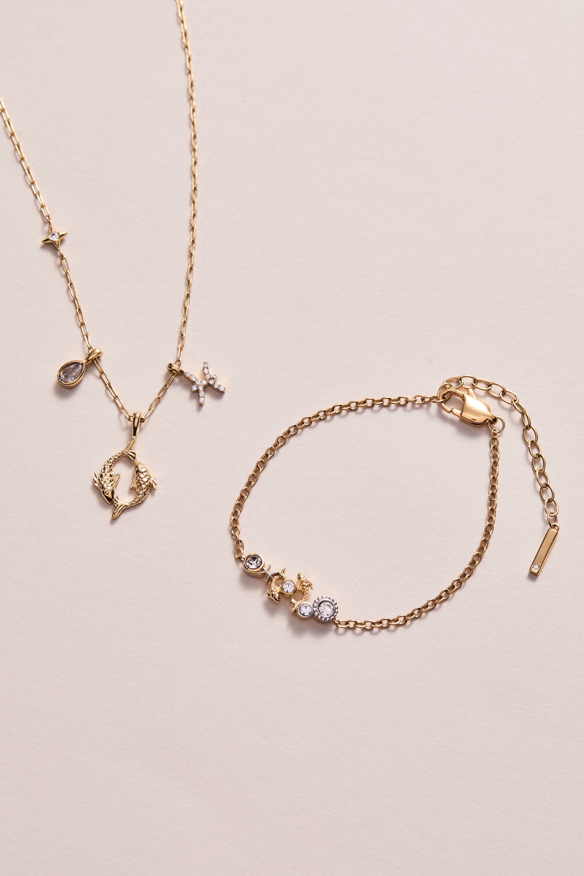 Pisces Zodiac Charm Cluster Necklace in Gold-Plated Stainless Steel