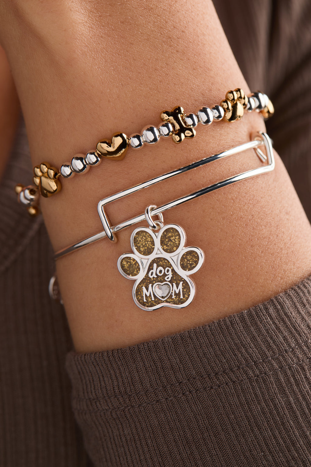 Dog Mom Charm Bangle with Gold Glitter Enamel and Crystal Heart