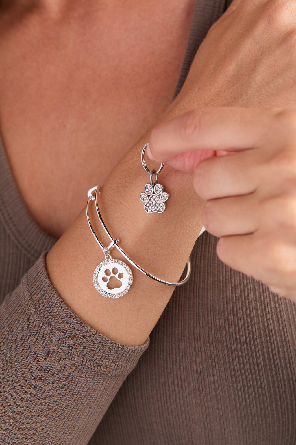 Paw Print Bangle & Pet Collar Charm Set, Silver & Light Green