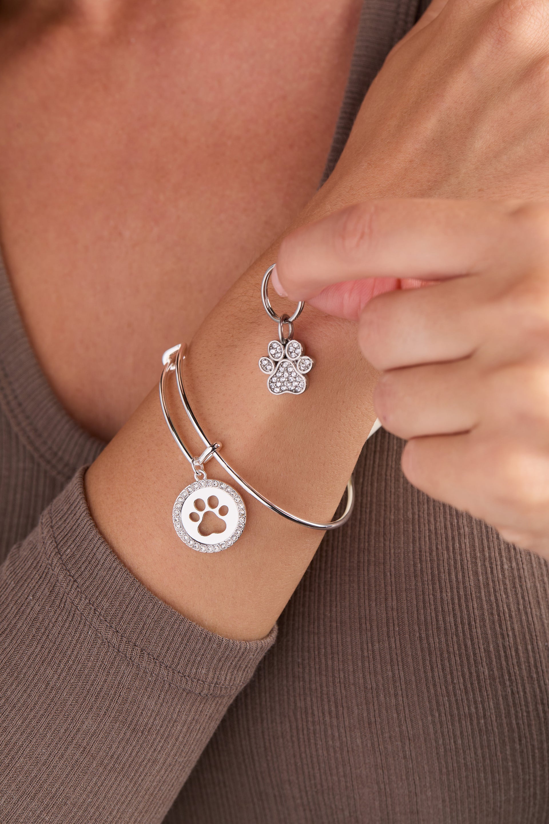 Paw Print Bangle & Pet Collar Charm Set, Silver & Light Green