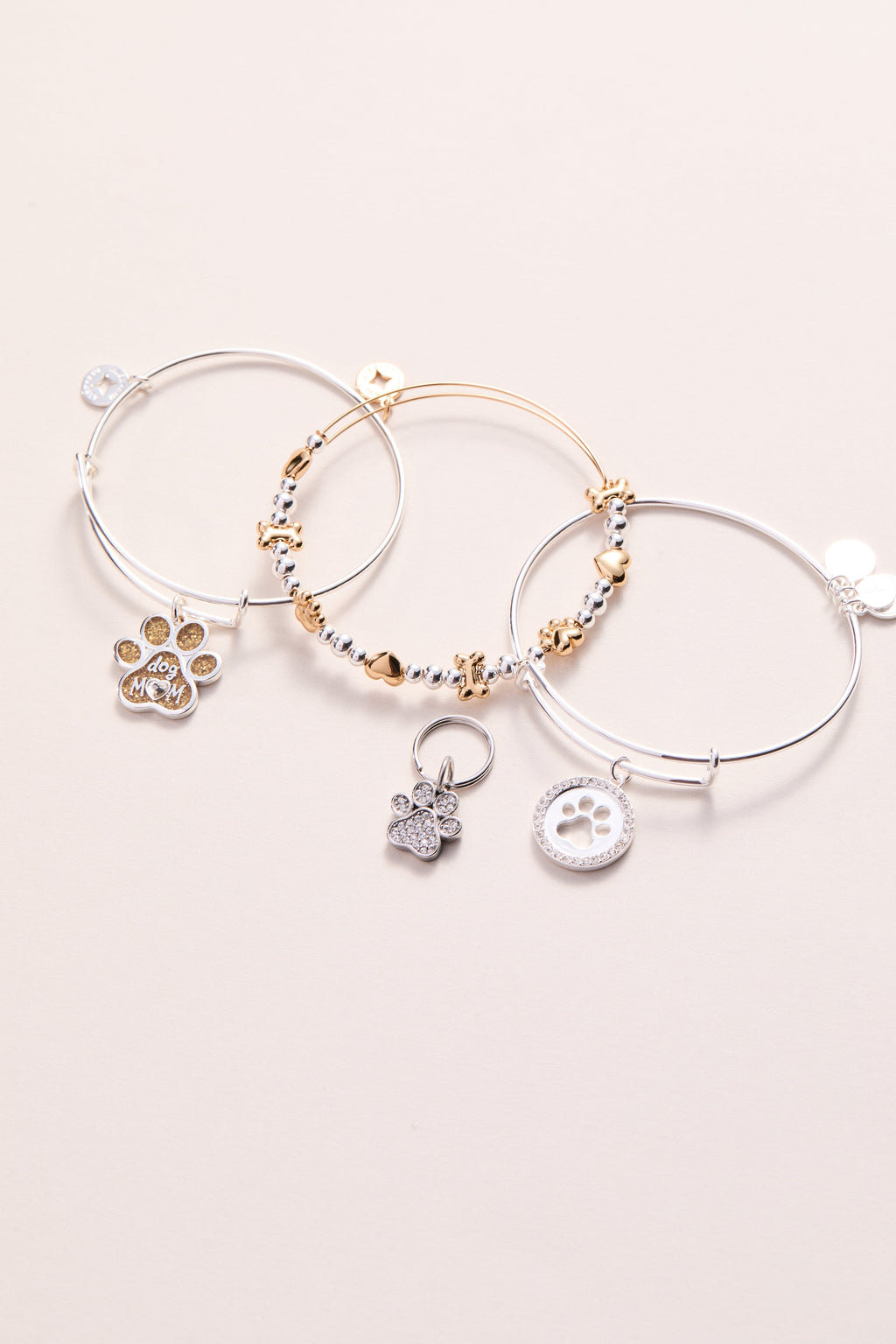 Dog Mom Charm Bangle with Gold Glitter Enamel and Crystal Heart