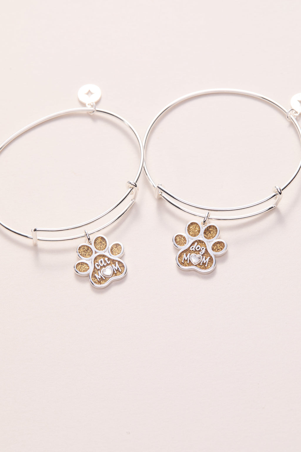 Dog Mom Charm Bangle with Gold Glitter Enamel and Crystal Heart