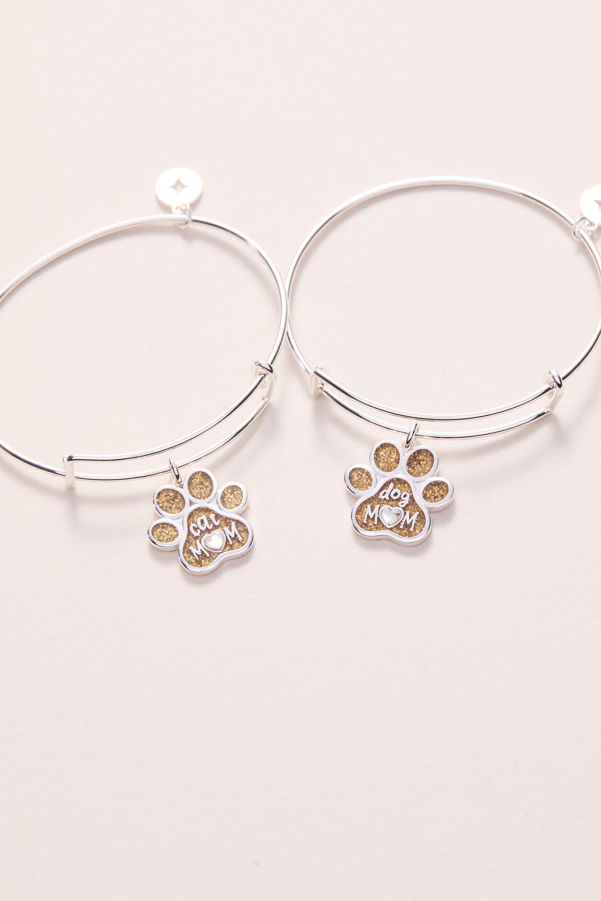 Cat Mom Charm Bangle with Glitter Enamel and Crystal Heart