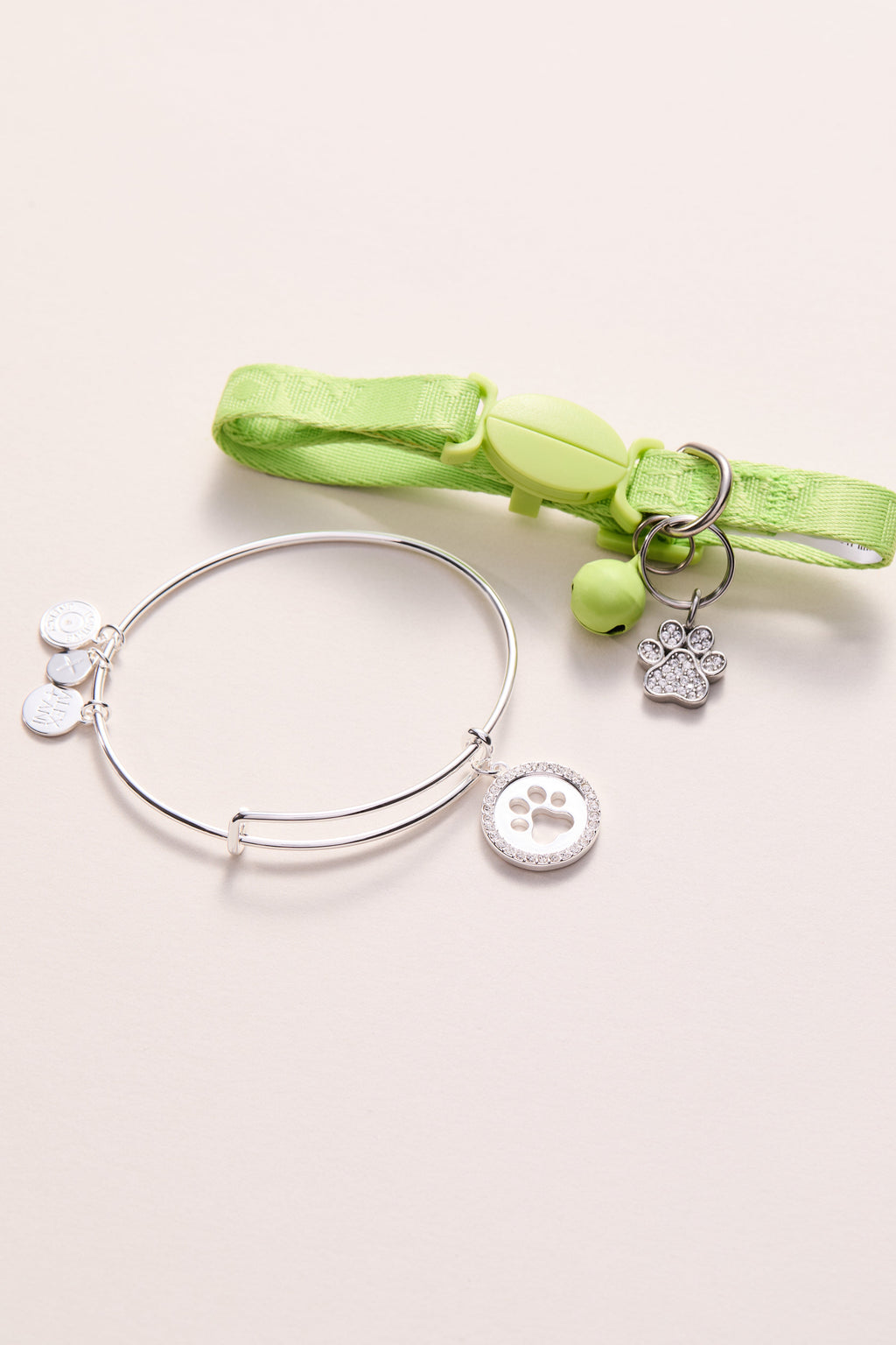 Paw Print Bangle & Pet Collar Charm Set, Silver & Light Green