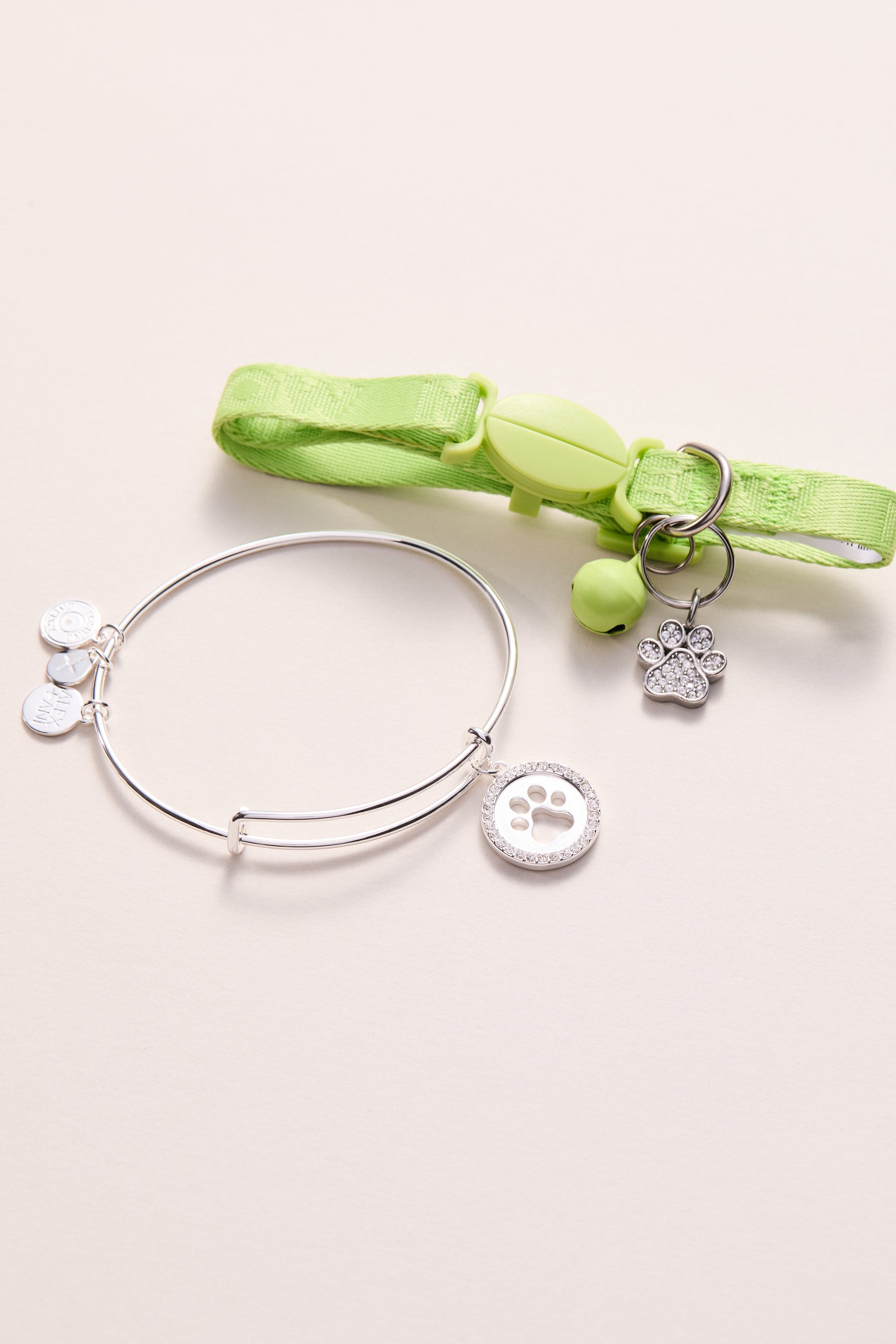 Paw Print Bangle & Pet Collar Charm Set, Silver & Light Green
