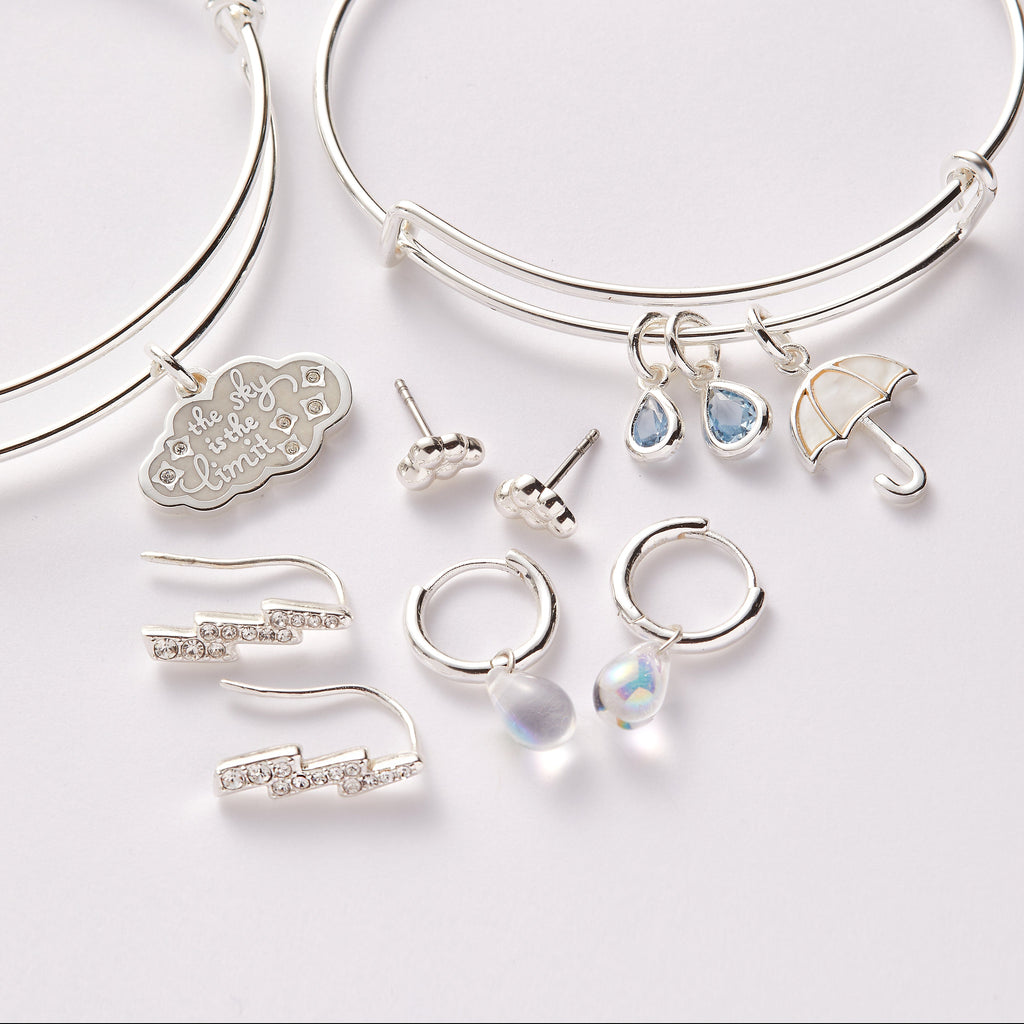 Mother of Pearl Umbrella Charm Bangle with Blue Crystal Raindrops