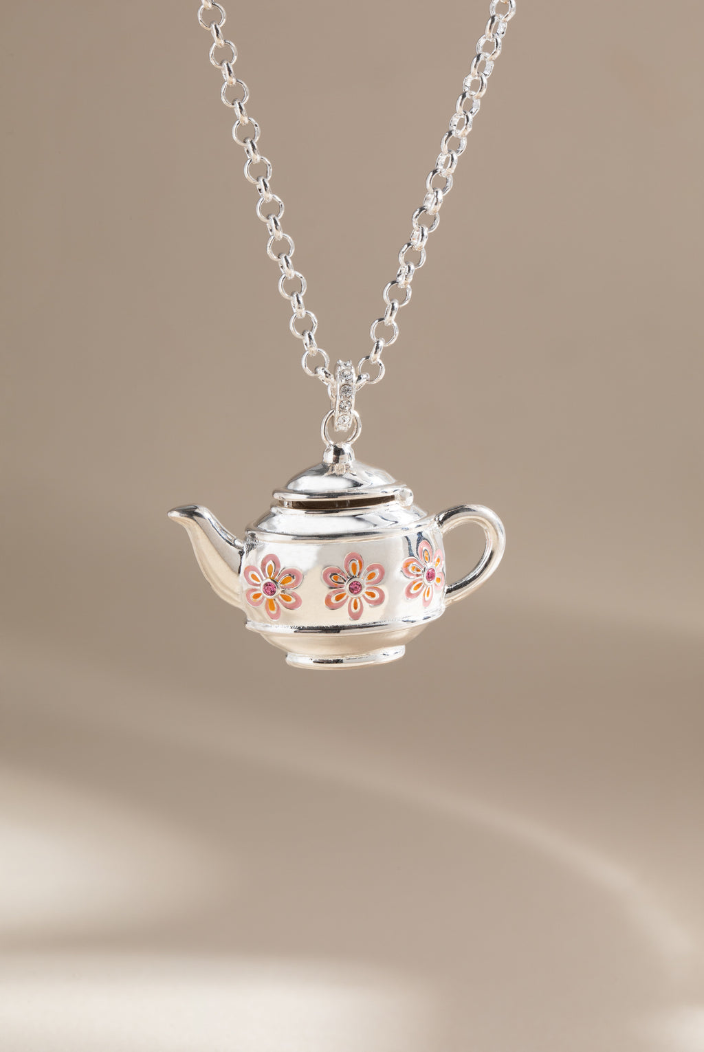 Whimsical Floral Teapot Locket Pendant Necklace in Silver