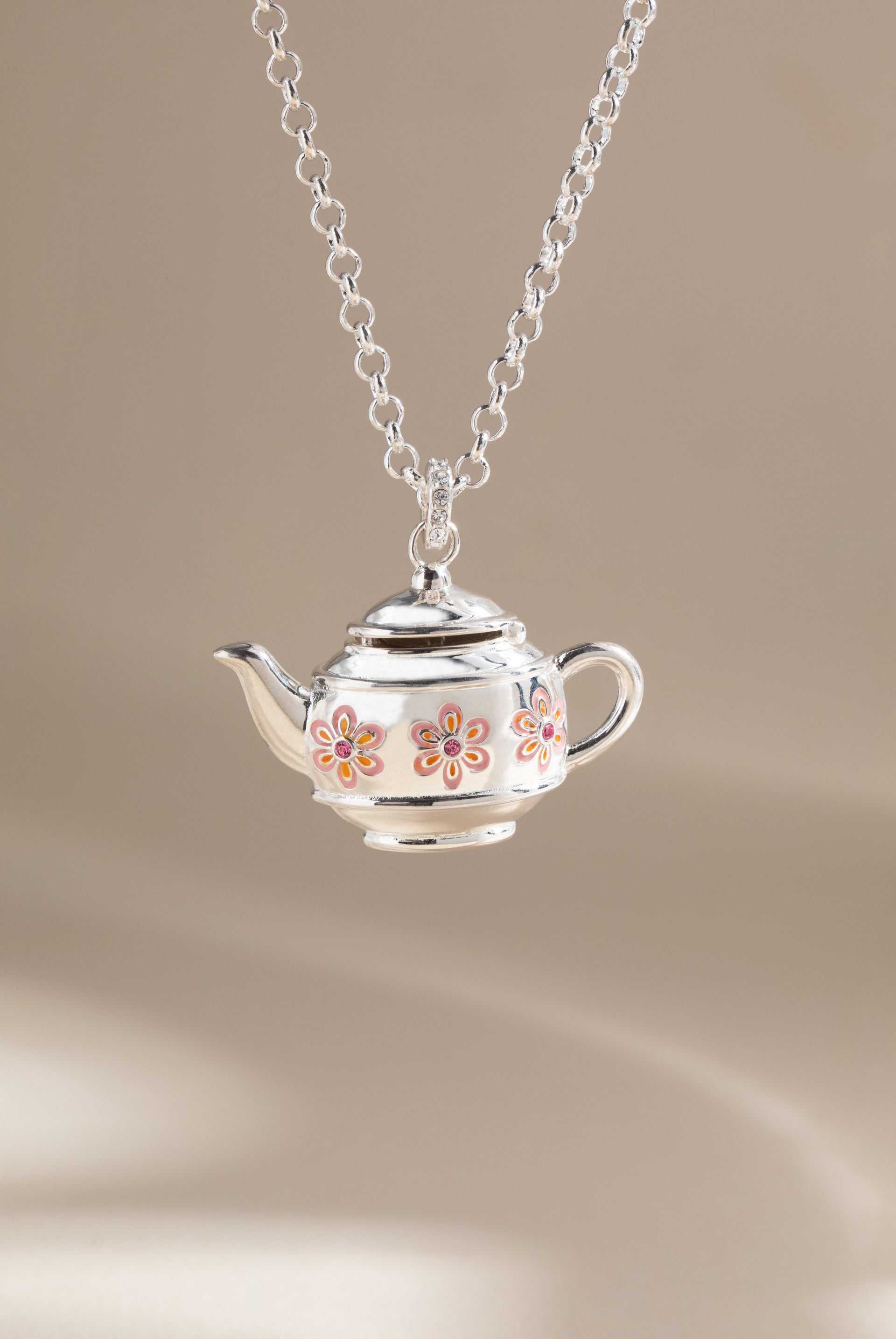 Whimsical Floral Teapot Locket Pendant Necklace in Silver