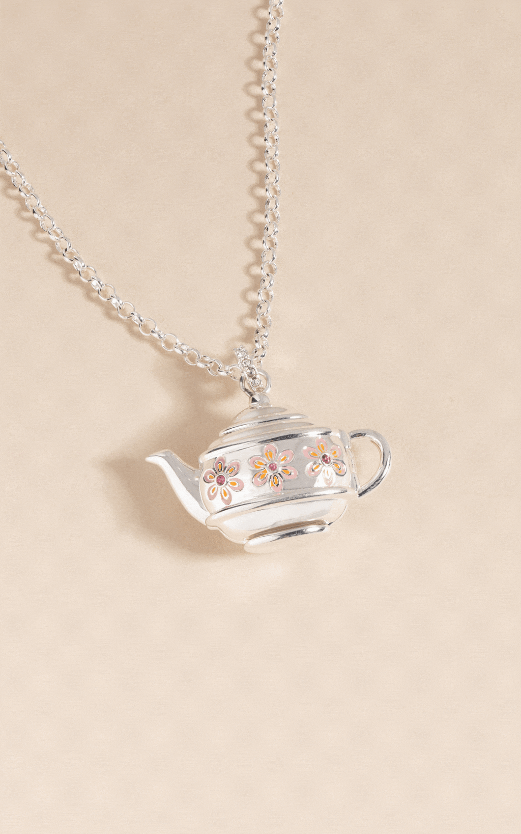 Whimsical Floral Teapot Locket Pendant Necklace in Silver