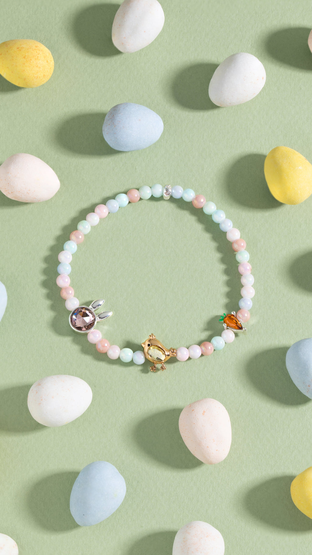 Pastel Crystal Bunny and Carrot Charm Stretch Bracelet