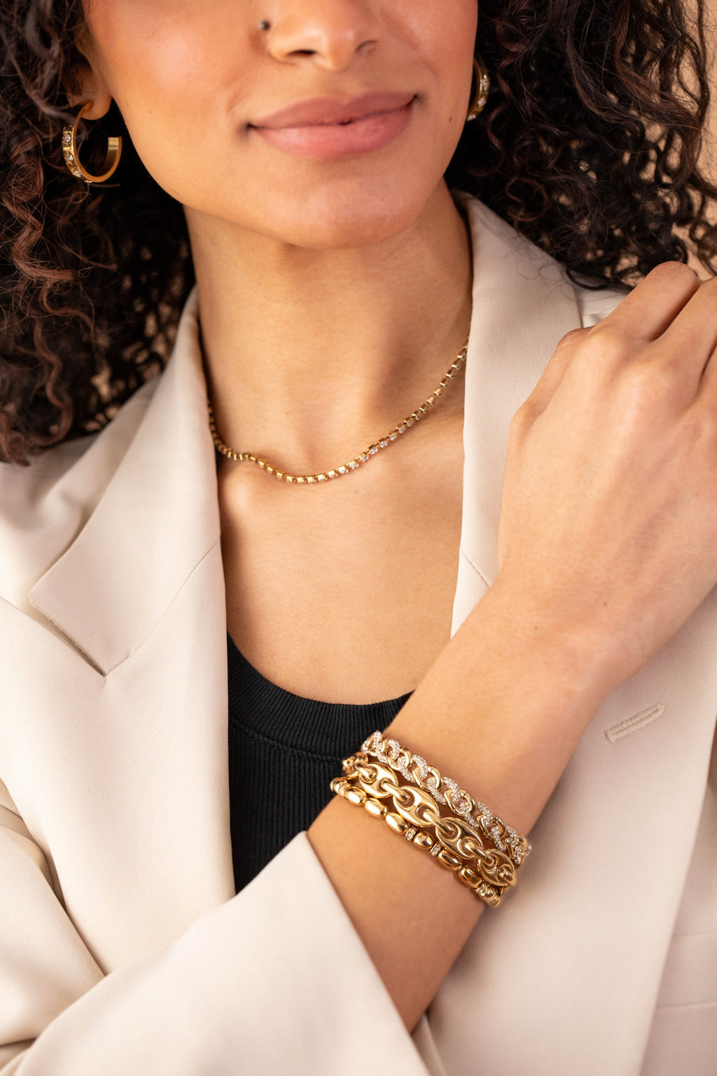 Pave Curb Chain Stretch Bracelet in Gold-Tone and Clear Crystal