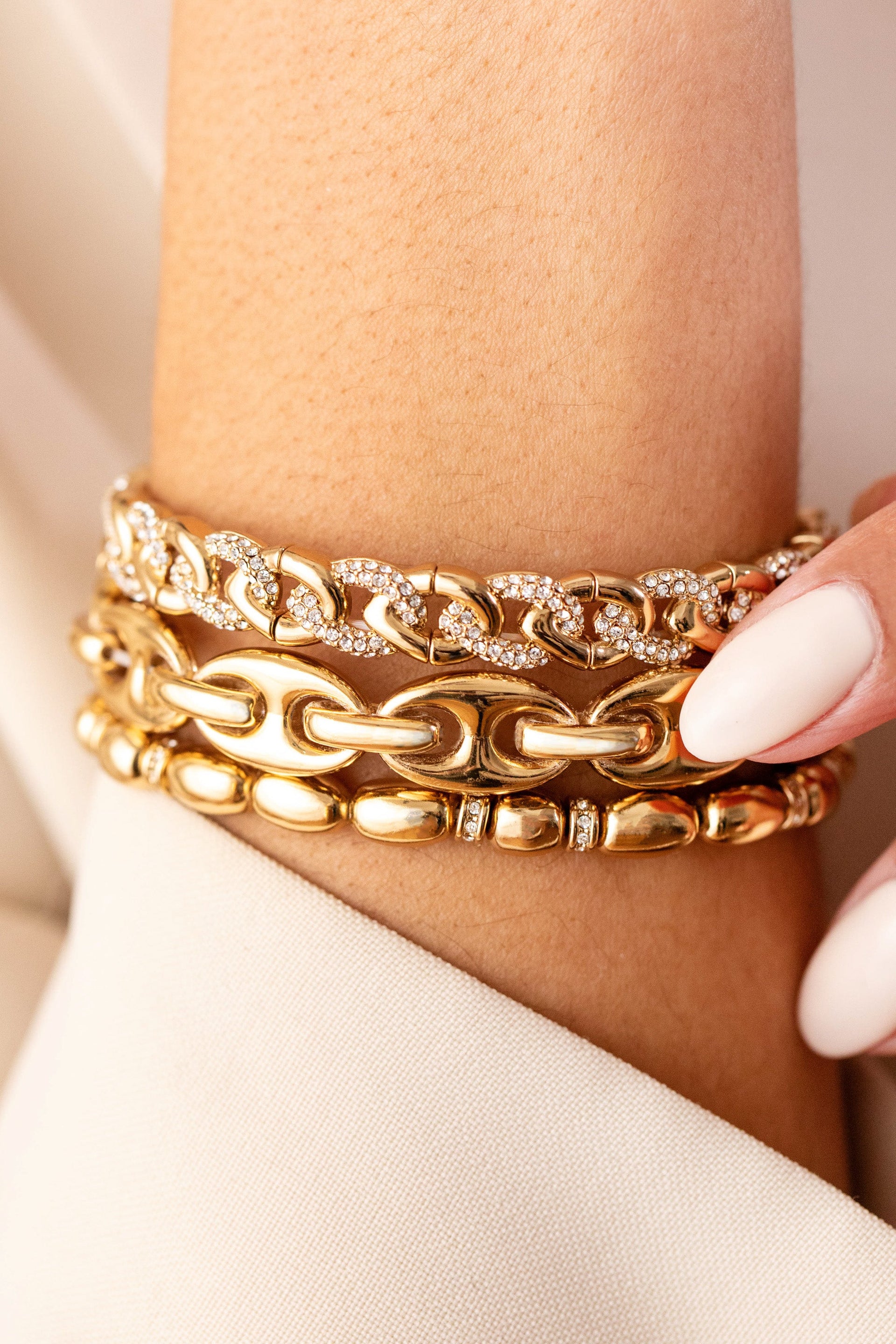 Pave Curb Chain Stretch Bracelet in Gold-Tone and Clear Crystal