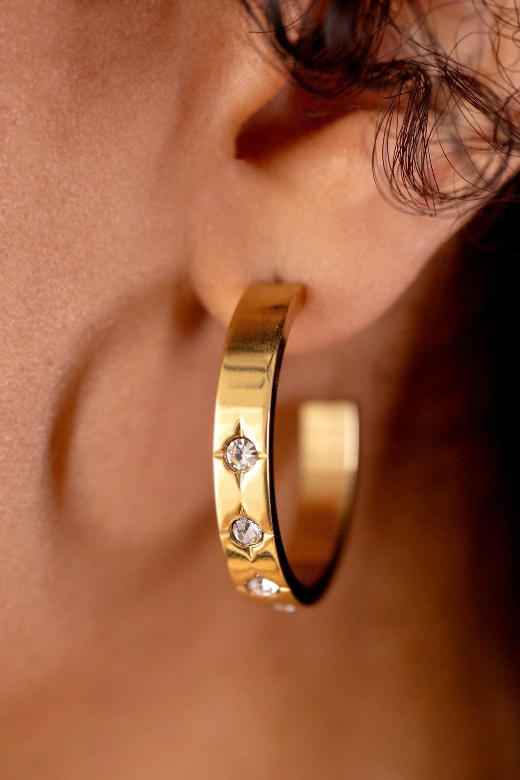 Gold Crystal Accent Hoop Earrings with Celestial Star Details