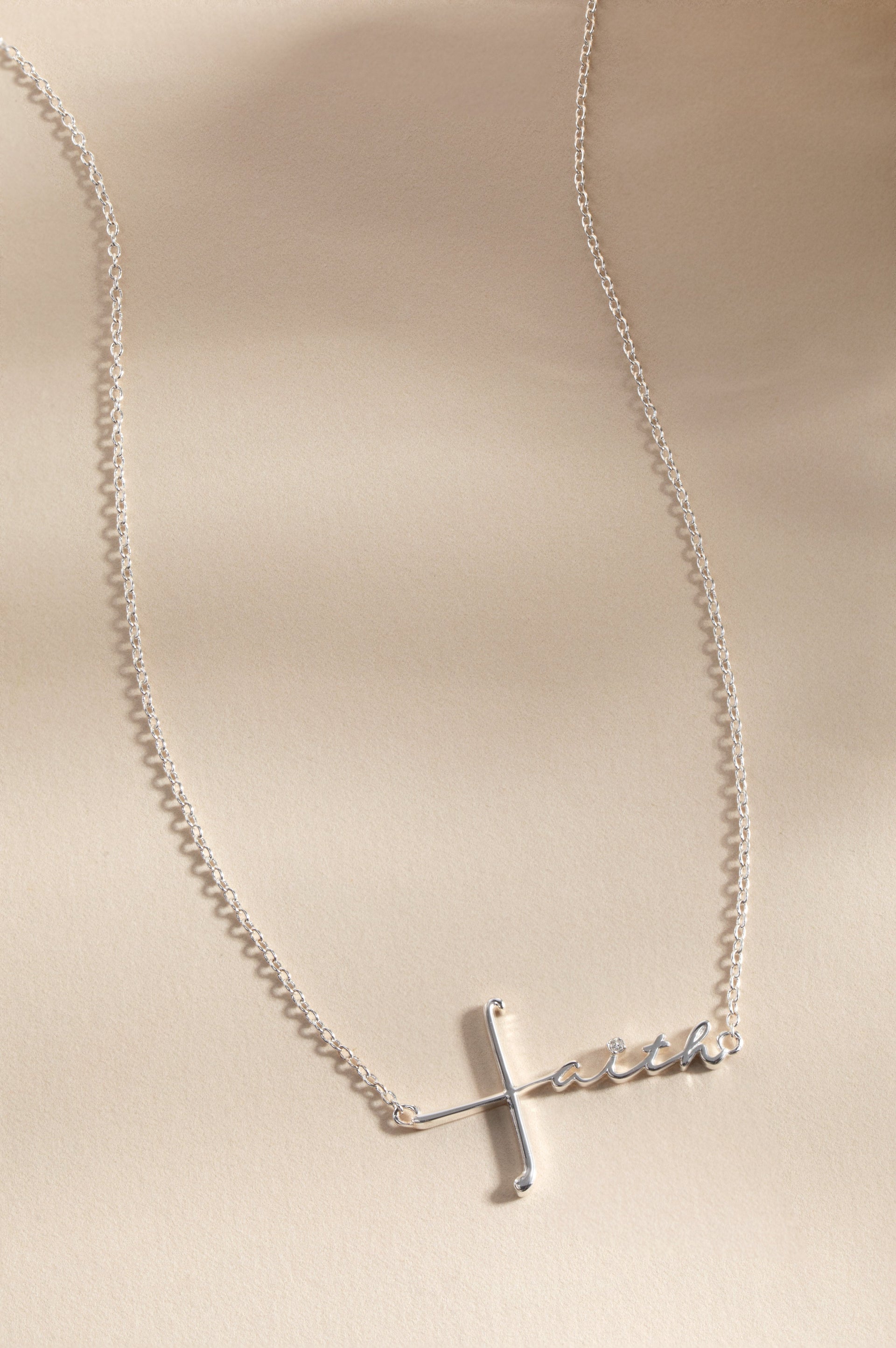 Silver Faith Script Pendant Necklace with Cross Detail