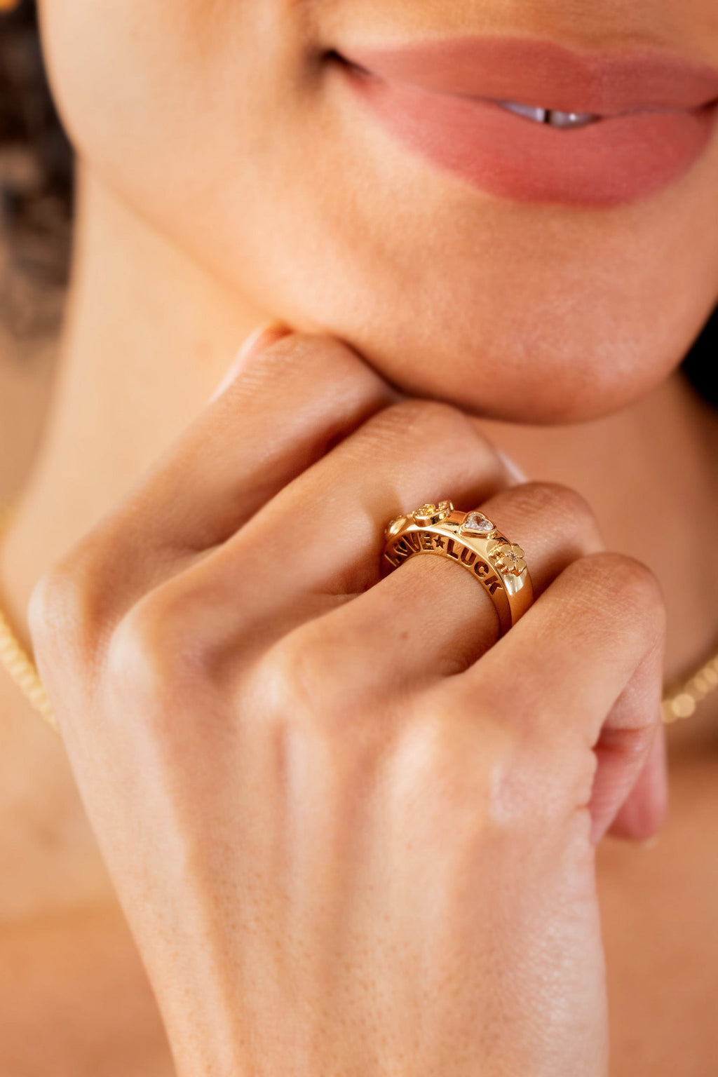 Love and Luck Open Domed Ring with Crystal-Accented Symbols