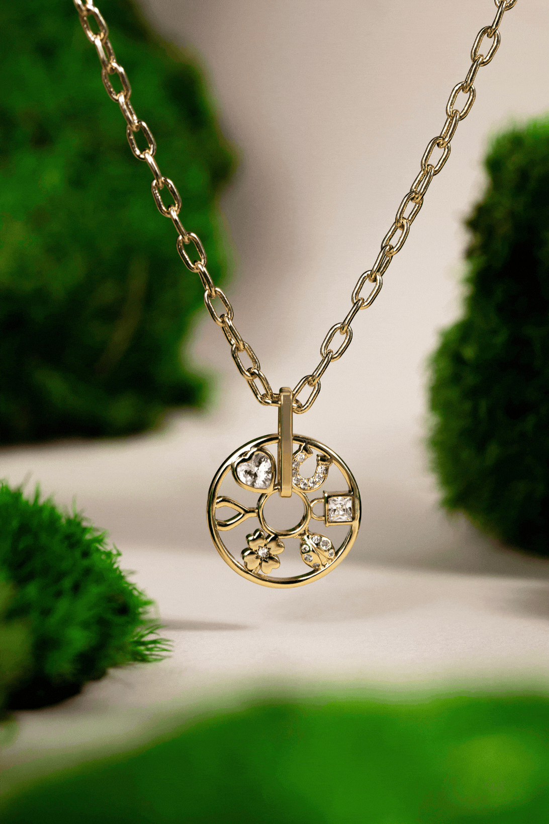Love and Luck Wheel Charm Necklace with Crystal Lucky Symbols