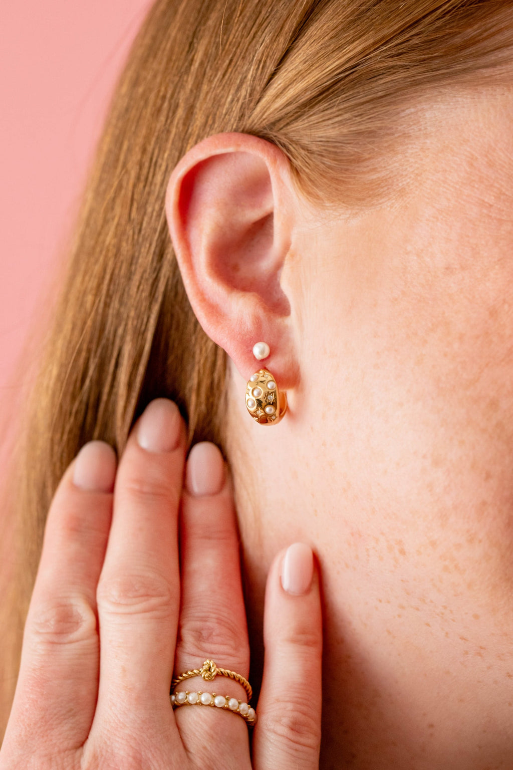 Pearl and Crystal Huggie Hoop Earrings in Gold with Starburst