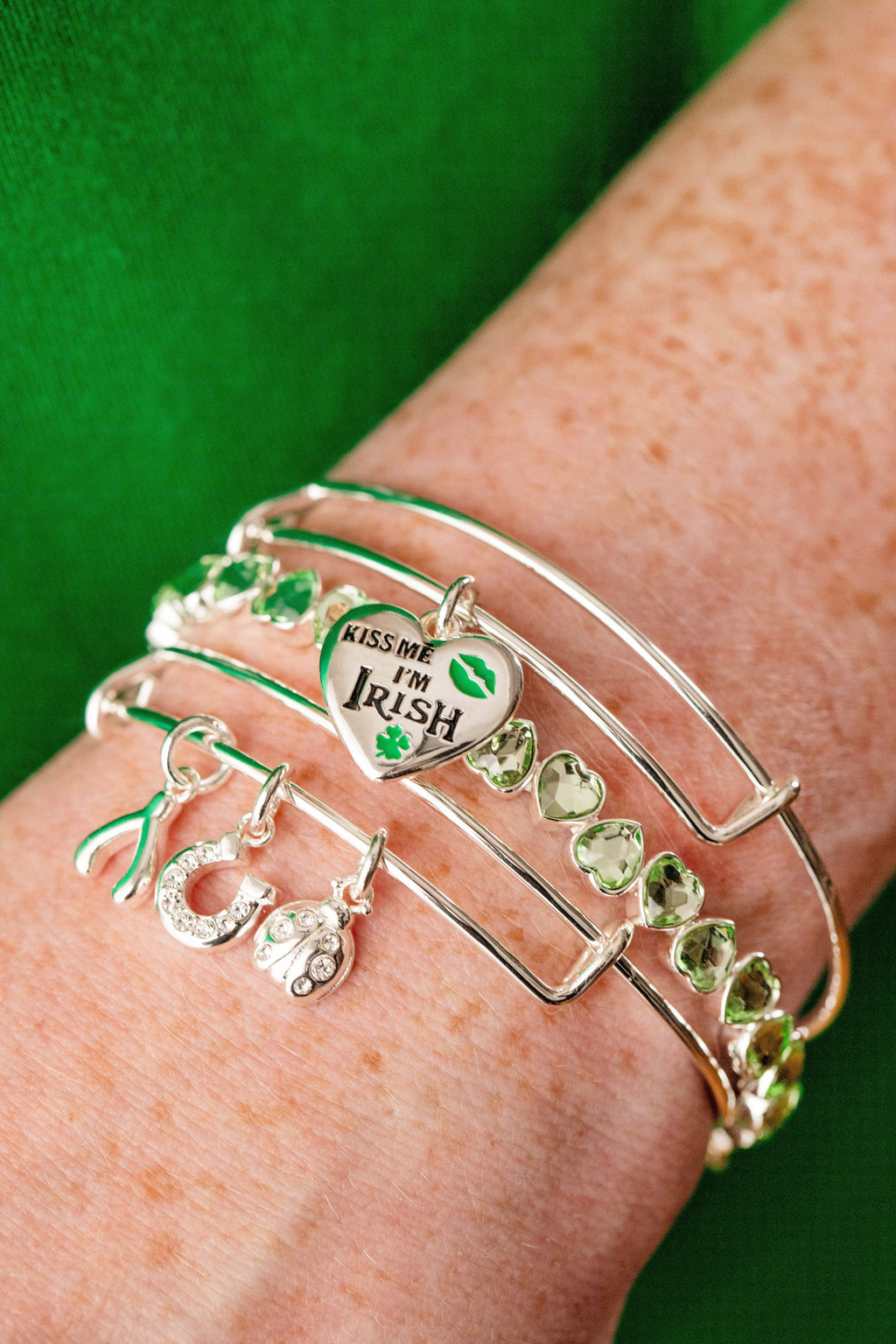 Silver Multi-Charm Bangle with Crystal Horseshoe and Wishbone