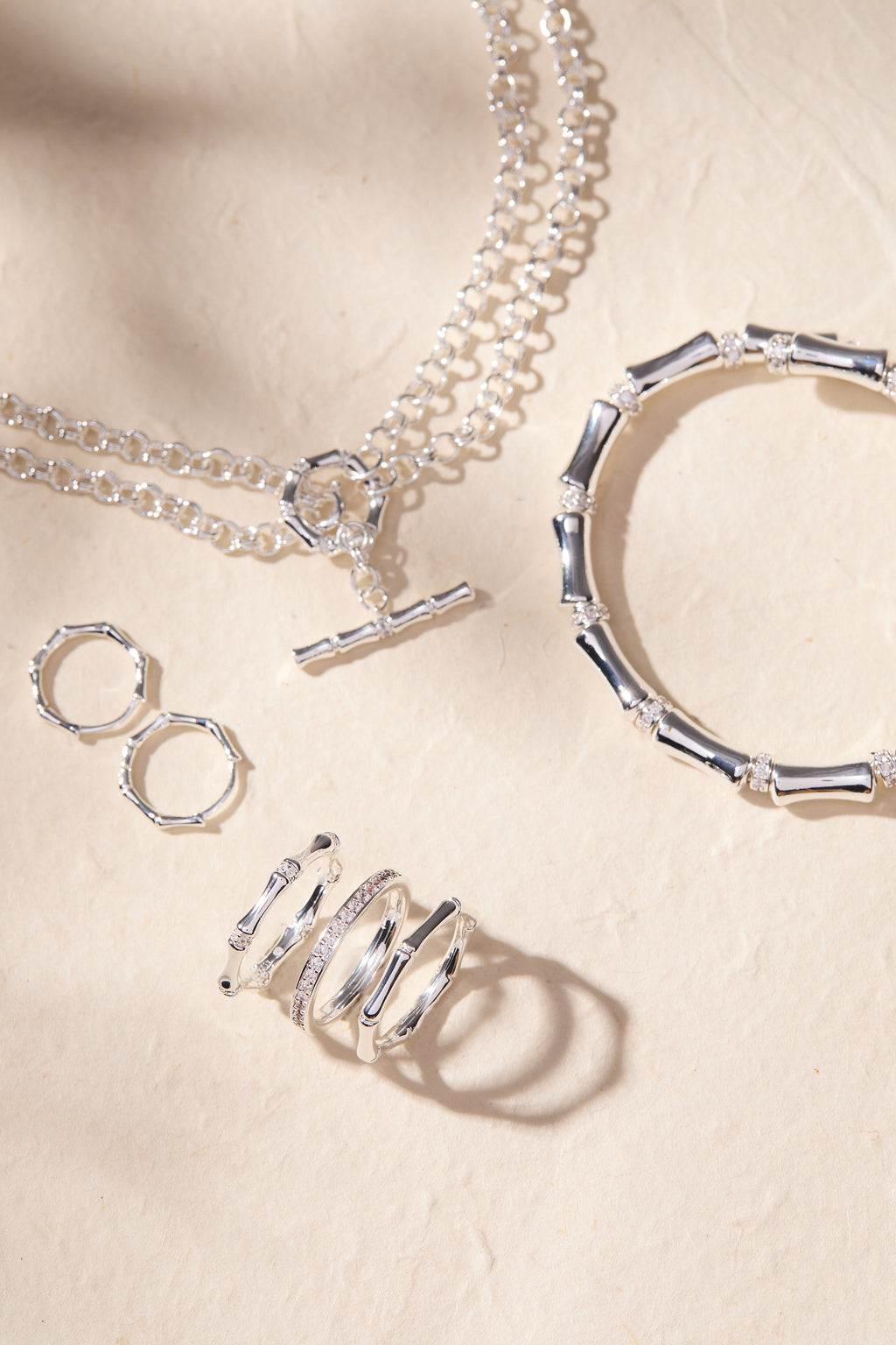 Bamboo Trio Ring Set - Stackable Gold Tone Crystal Stacking Rings
