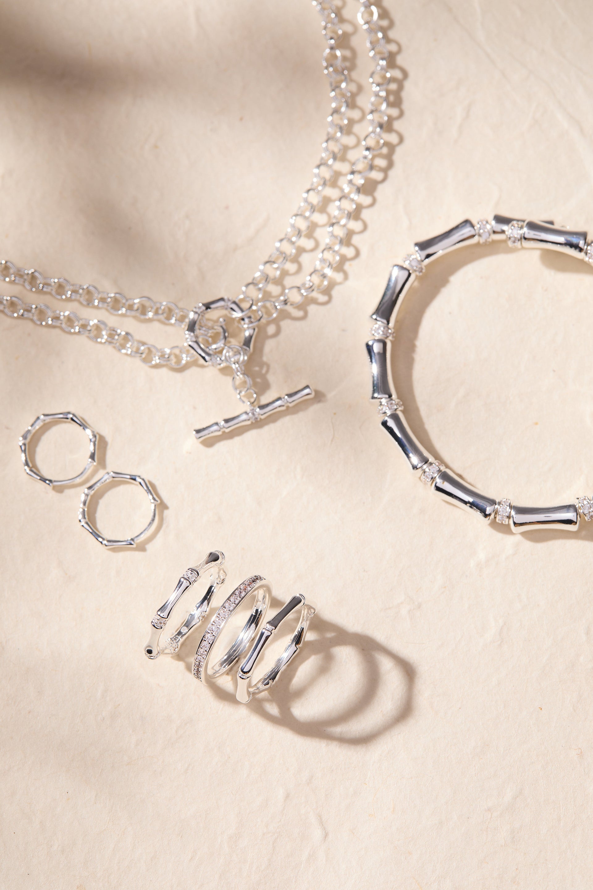 Bamboo Trio Ring Set - Stackable Gold Tone Crystal Stacking Rings