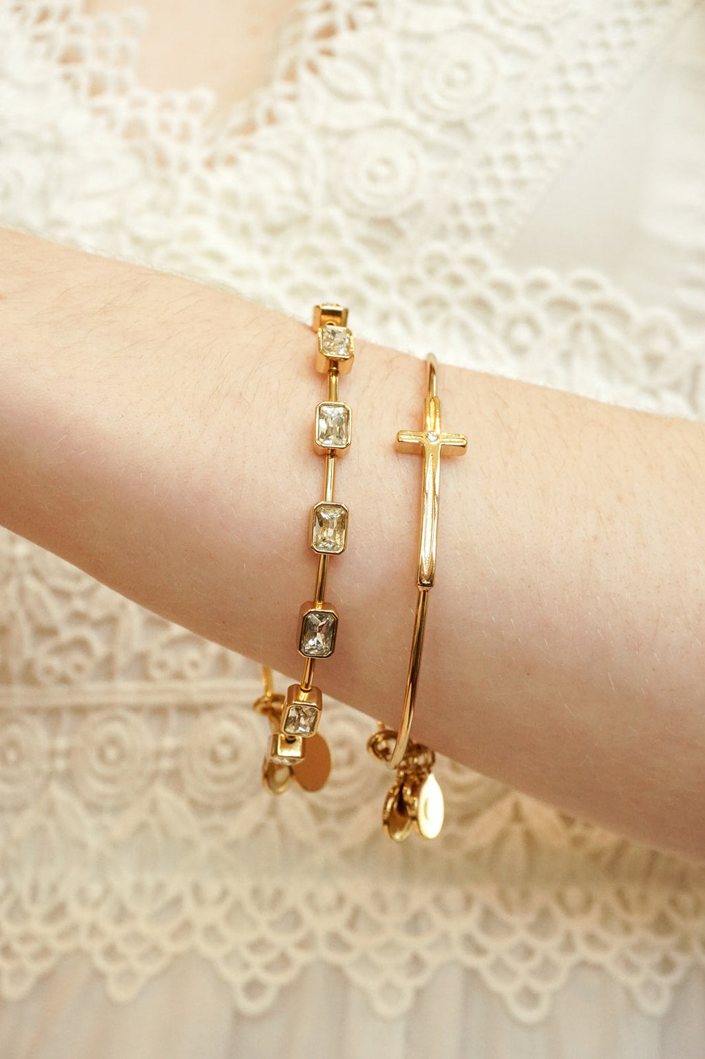 Cross Inline Bangle Bracelet with Crystal Detail