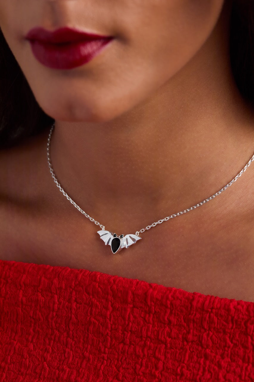 Crystal Bat Pendant Necklace in Silver with Black Teardrop Stones