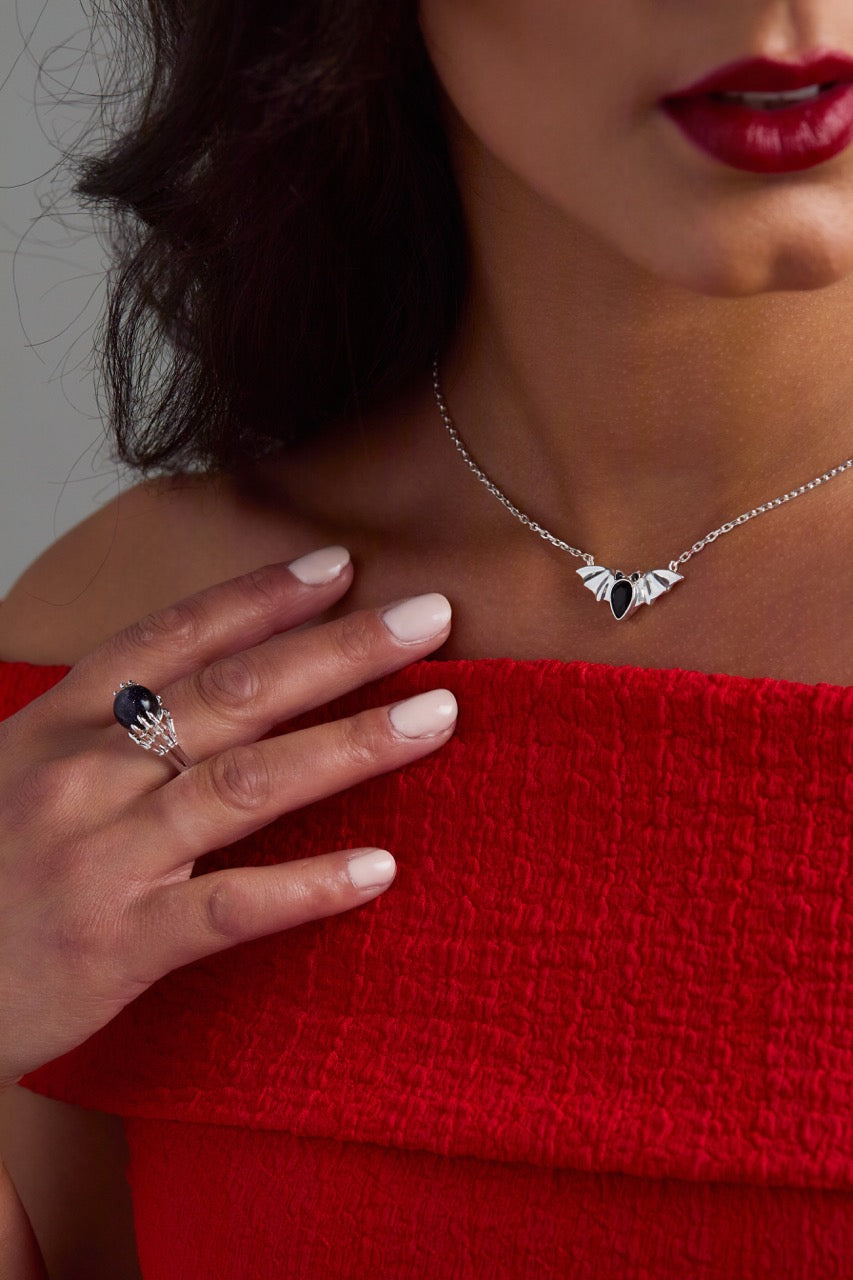 Crystal Ball Statement Ring with Skeleton Hands in Polished Silver