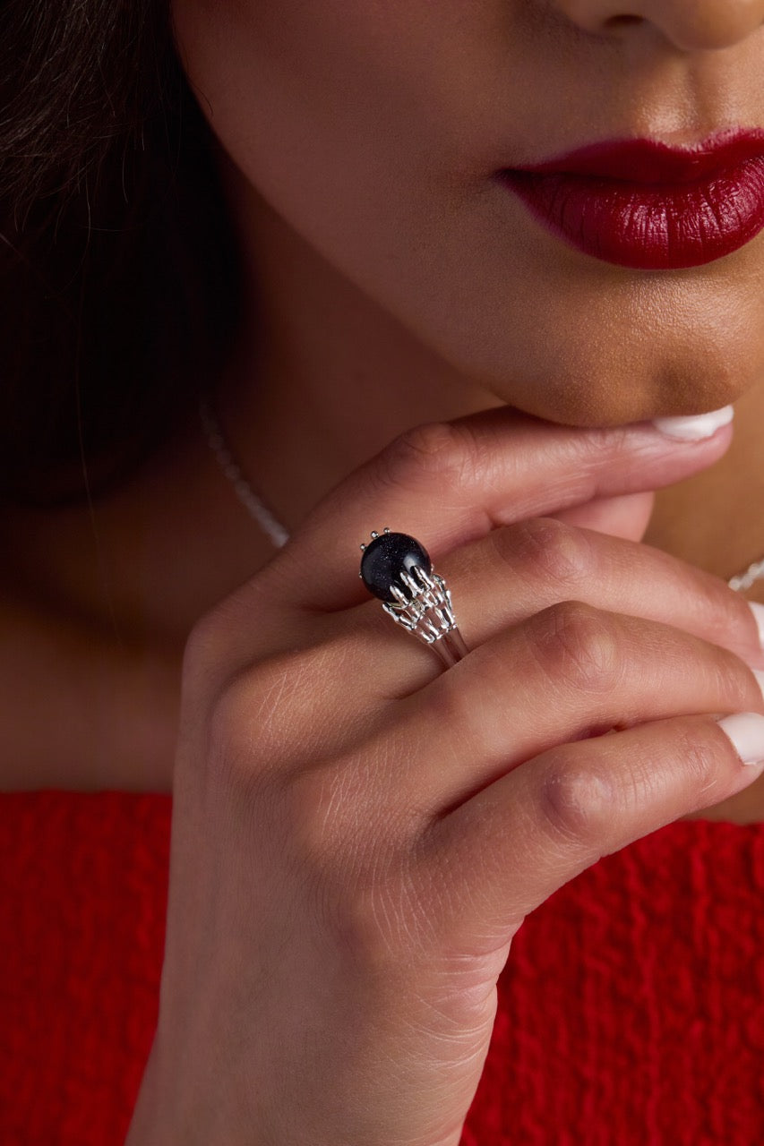 Crystal Ball Statement Ring with Skeleton Hands in Polished Silver