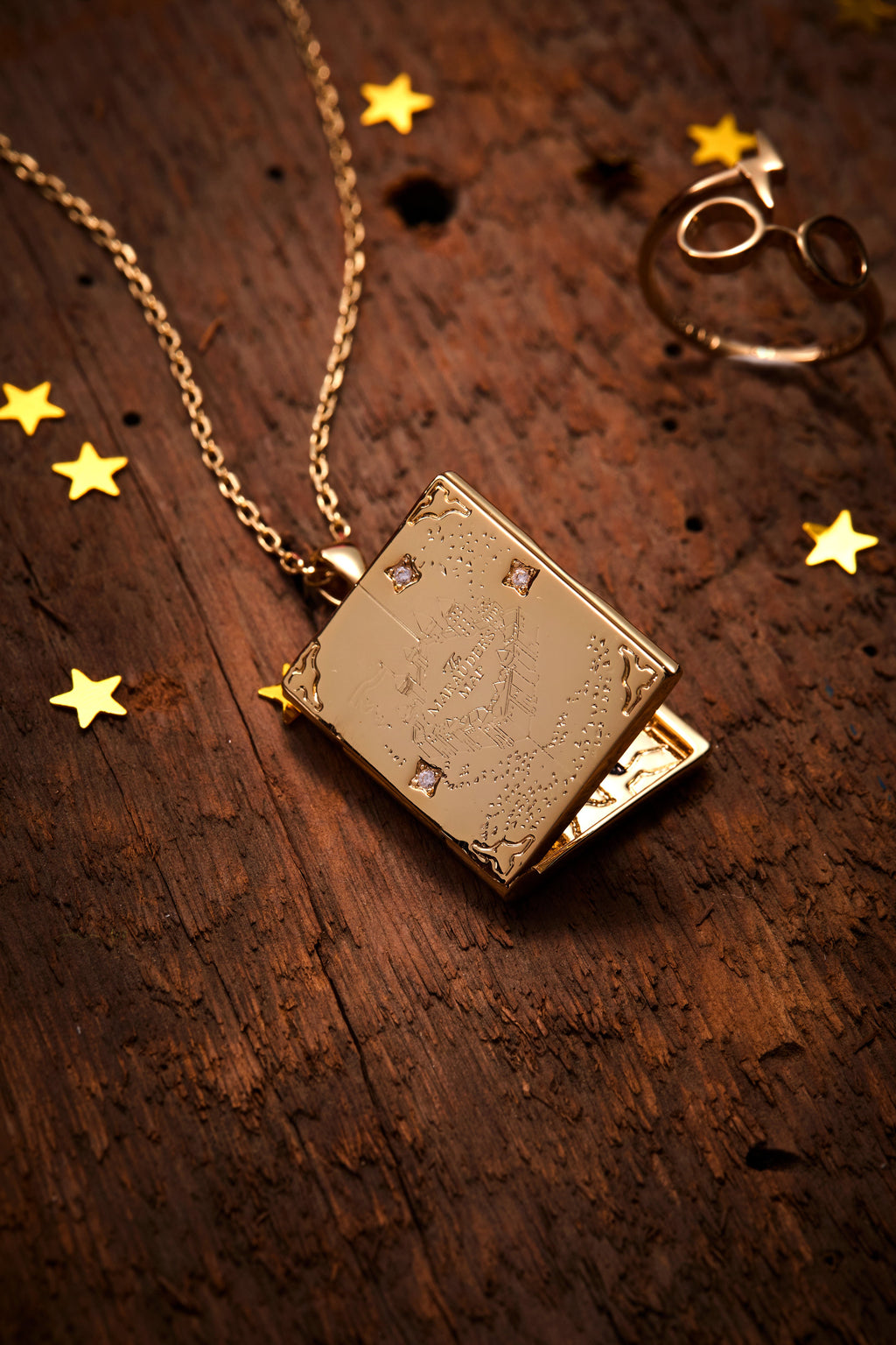 Harry Potter Mischief Managed Gold Locket Necklace with Crystals