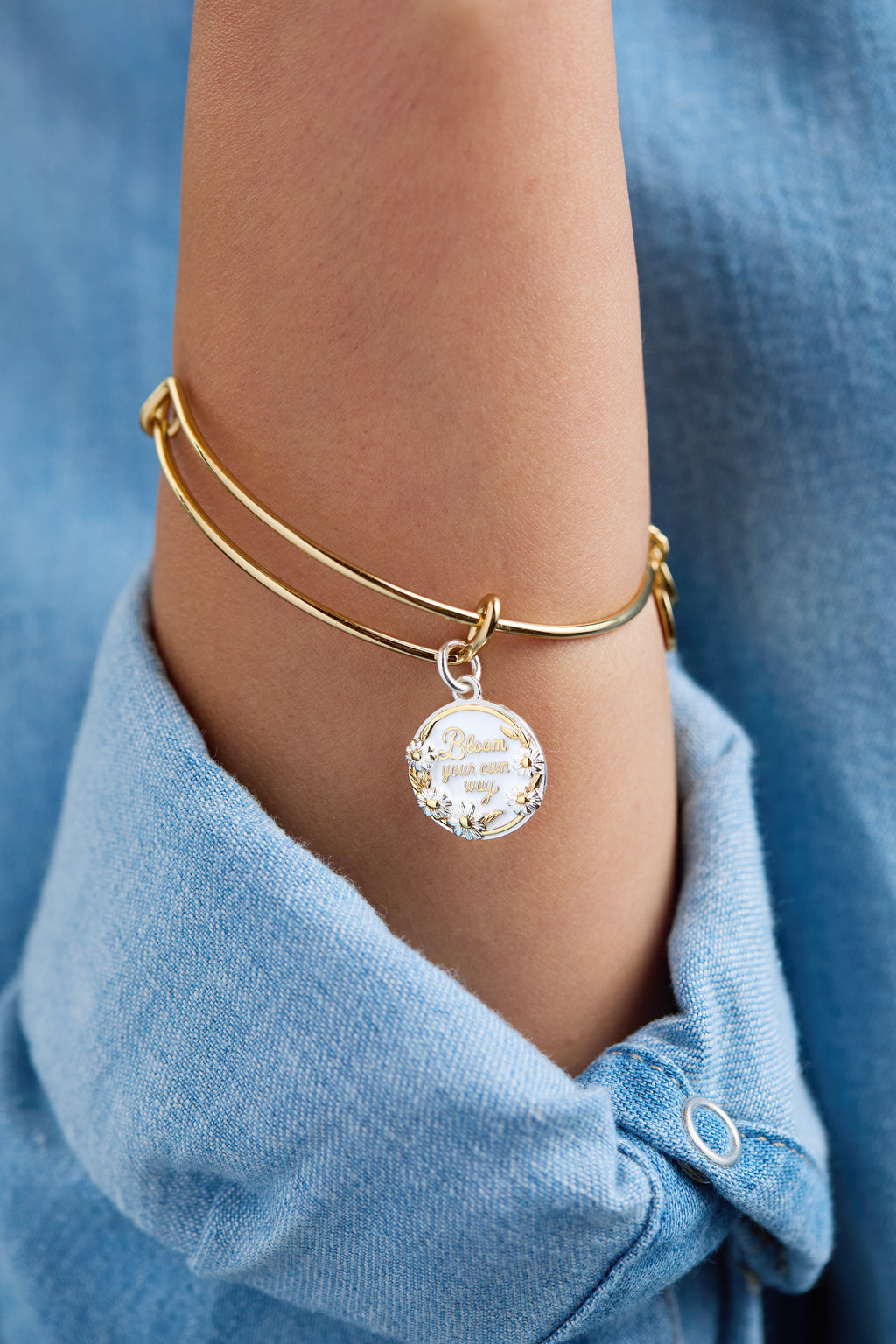 Bloom Your Own Way Mixed Metal Floral Charm Bangle Bracelet