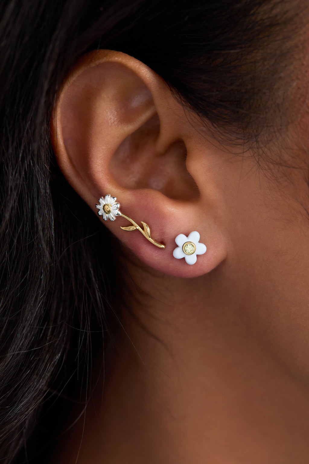 Daisy Flower Stud and Huggie Hoop Earring Set of 3, Mixed Metal