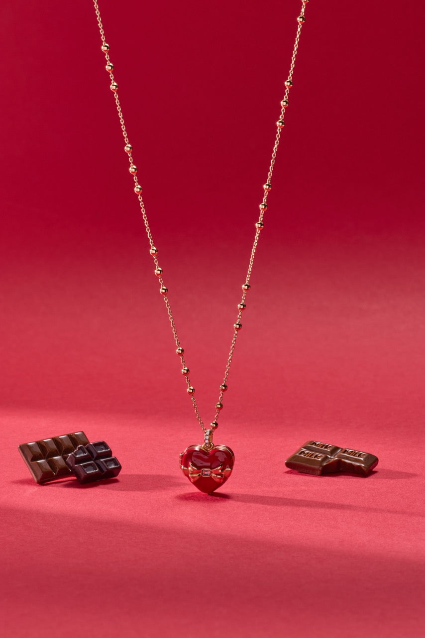 Heart Locket Necklace with Crystal Bow and Chocolate Motif