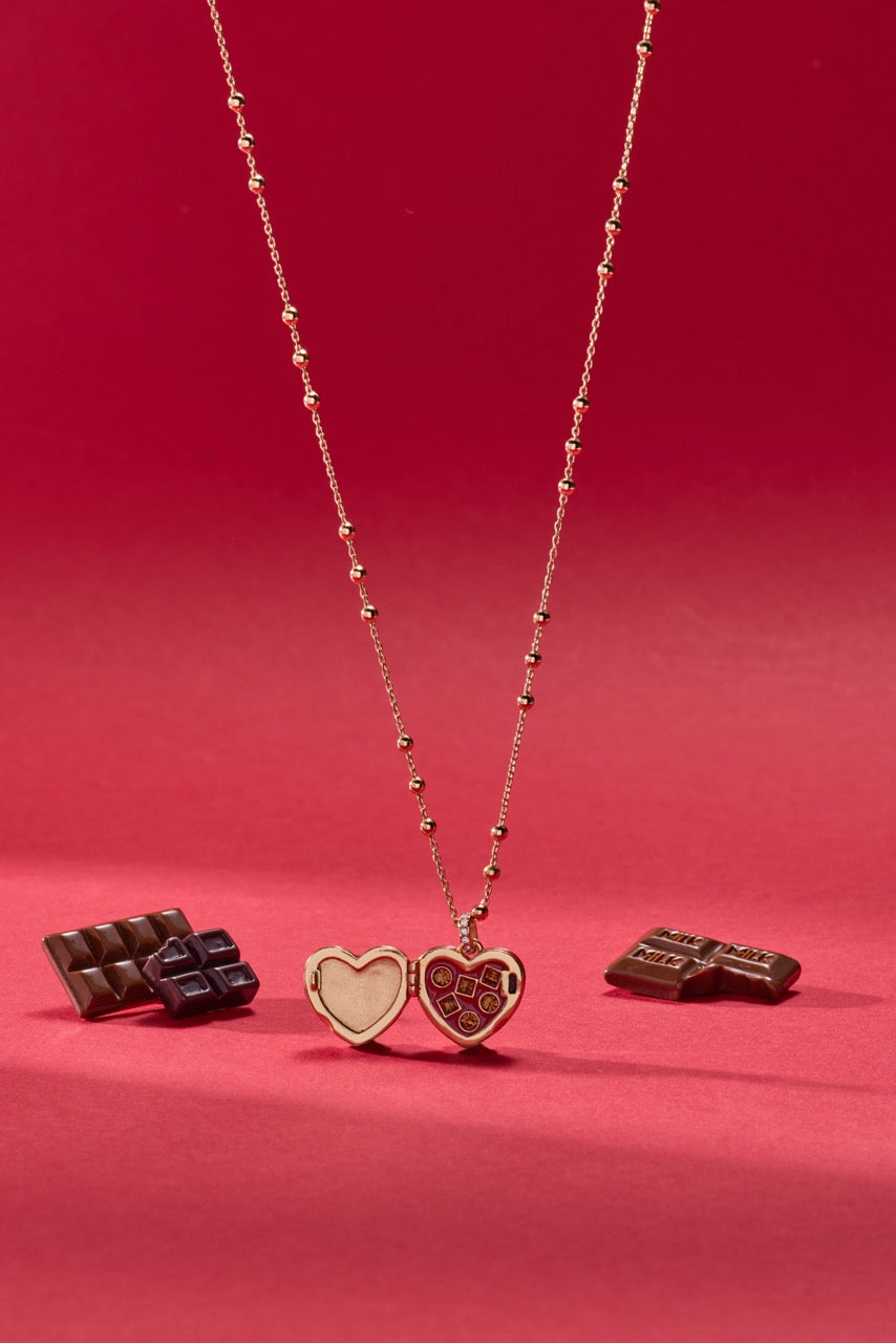 Heart Locket Necklace with Crystal Bow and Chocolate Motif