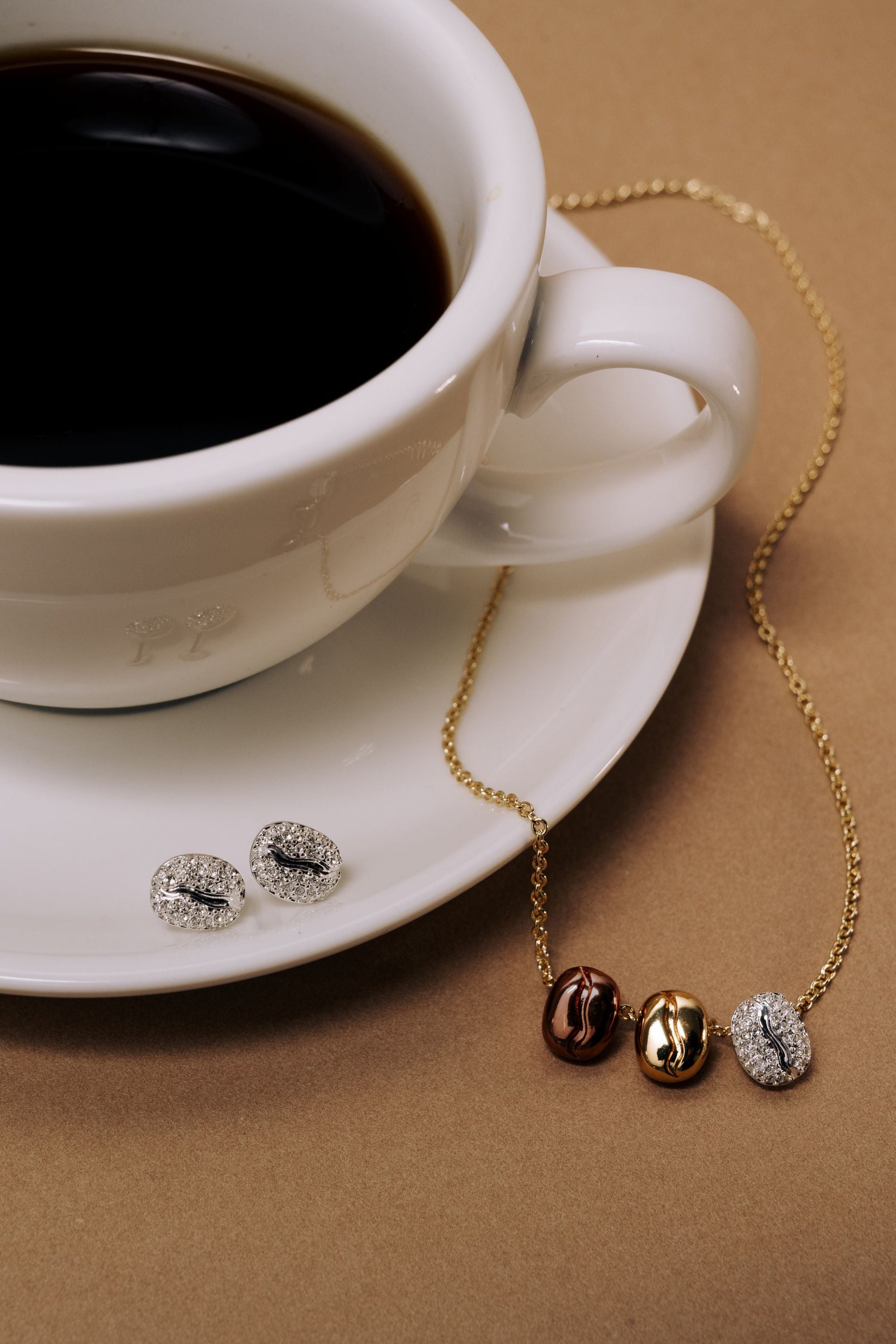 Coffee Bean Pave Crystal Stud Earrings in Silver, Modern Minimalist