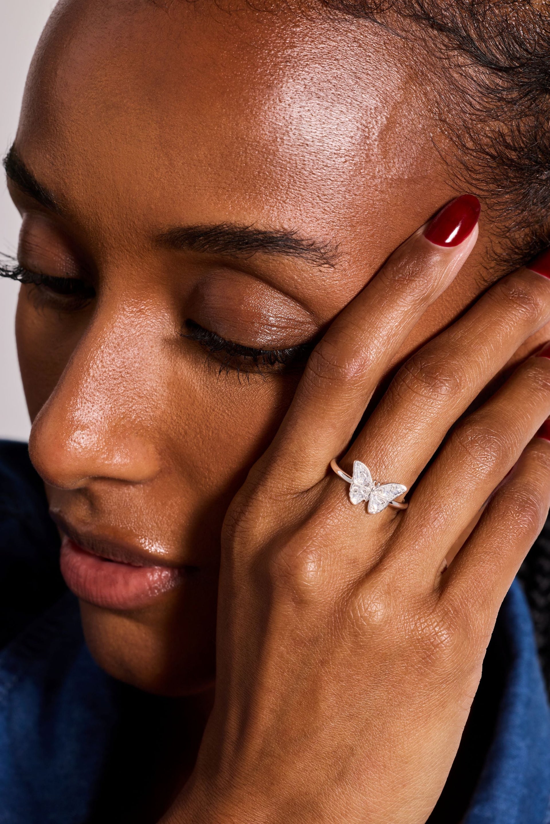 Silver and White Glass Butterfly Statement Ring with Enamel