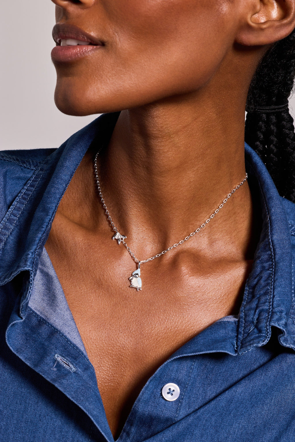 Tufted Titmouse Bird Pendant Necklace in Silver with Enamel