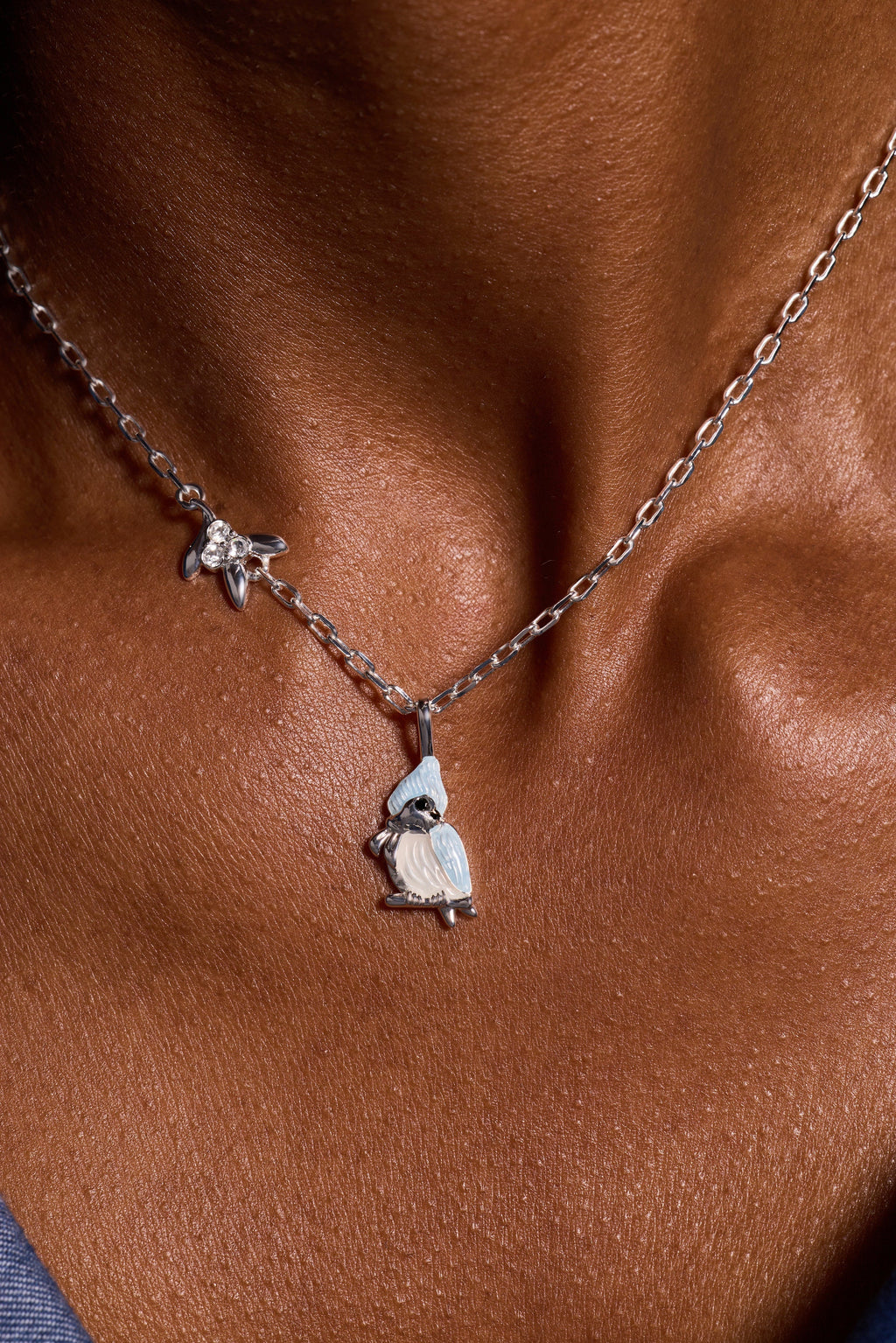Tufted Titmouse Bird Pendant Necklace in Silver with Enamel