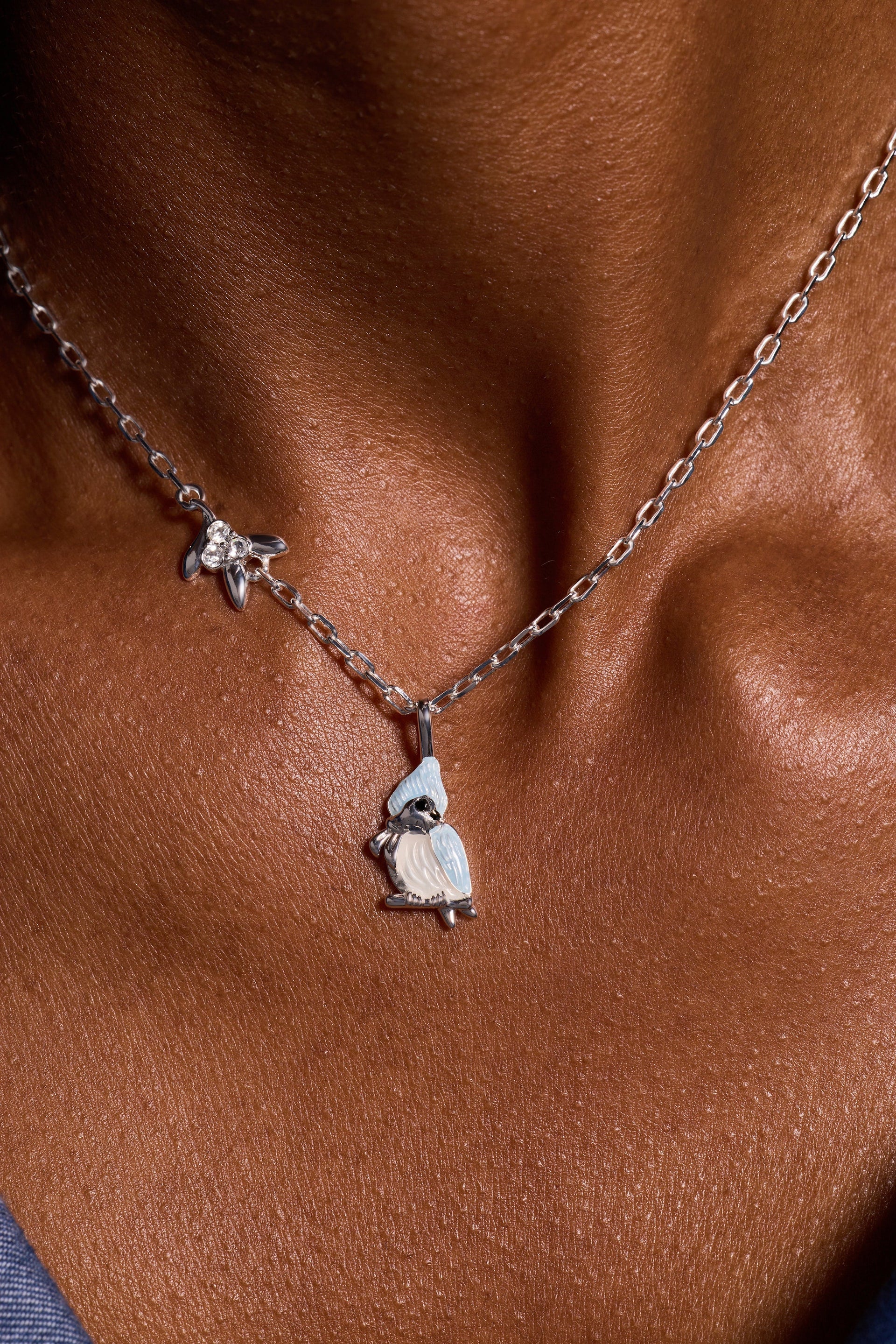 Tufted Titmouse Bird Pendant Necklace in Silver with Enamel