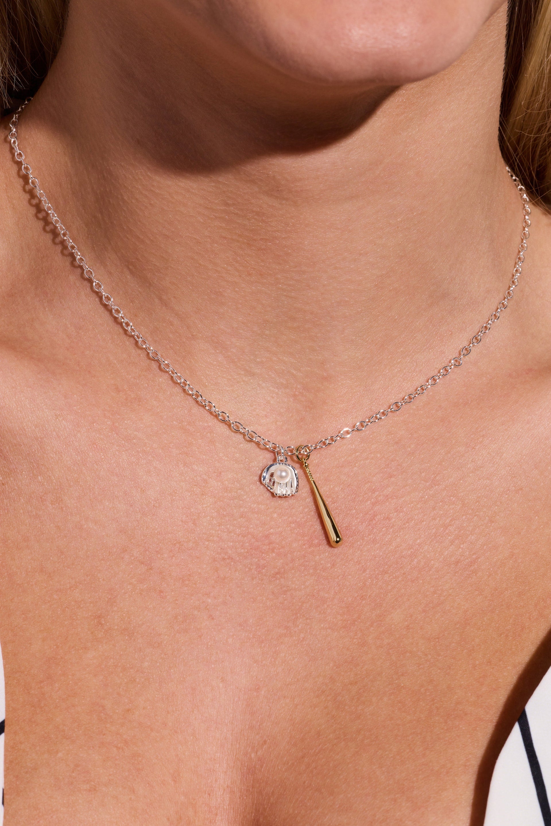 Baseball Duo Charm Pendant Necklace in Gold and Silver