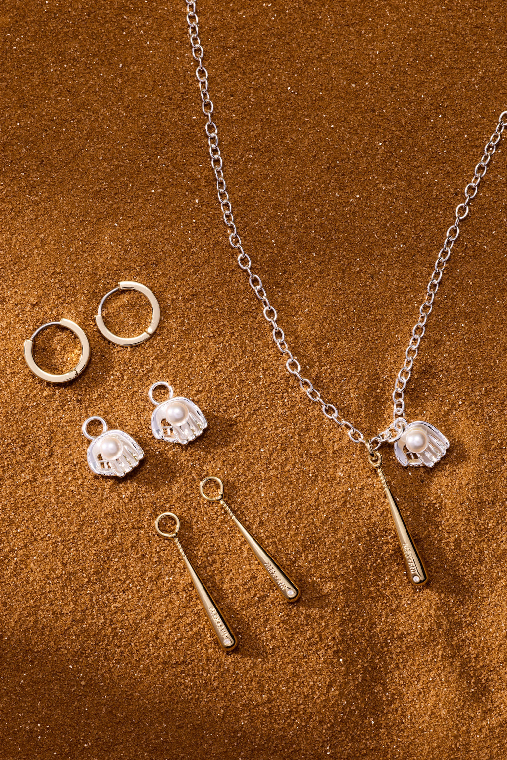 Baseball Duo Charm Pendant Necklace in Gold and Silver