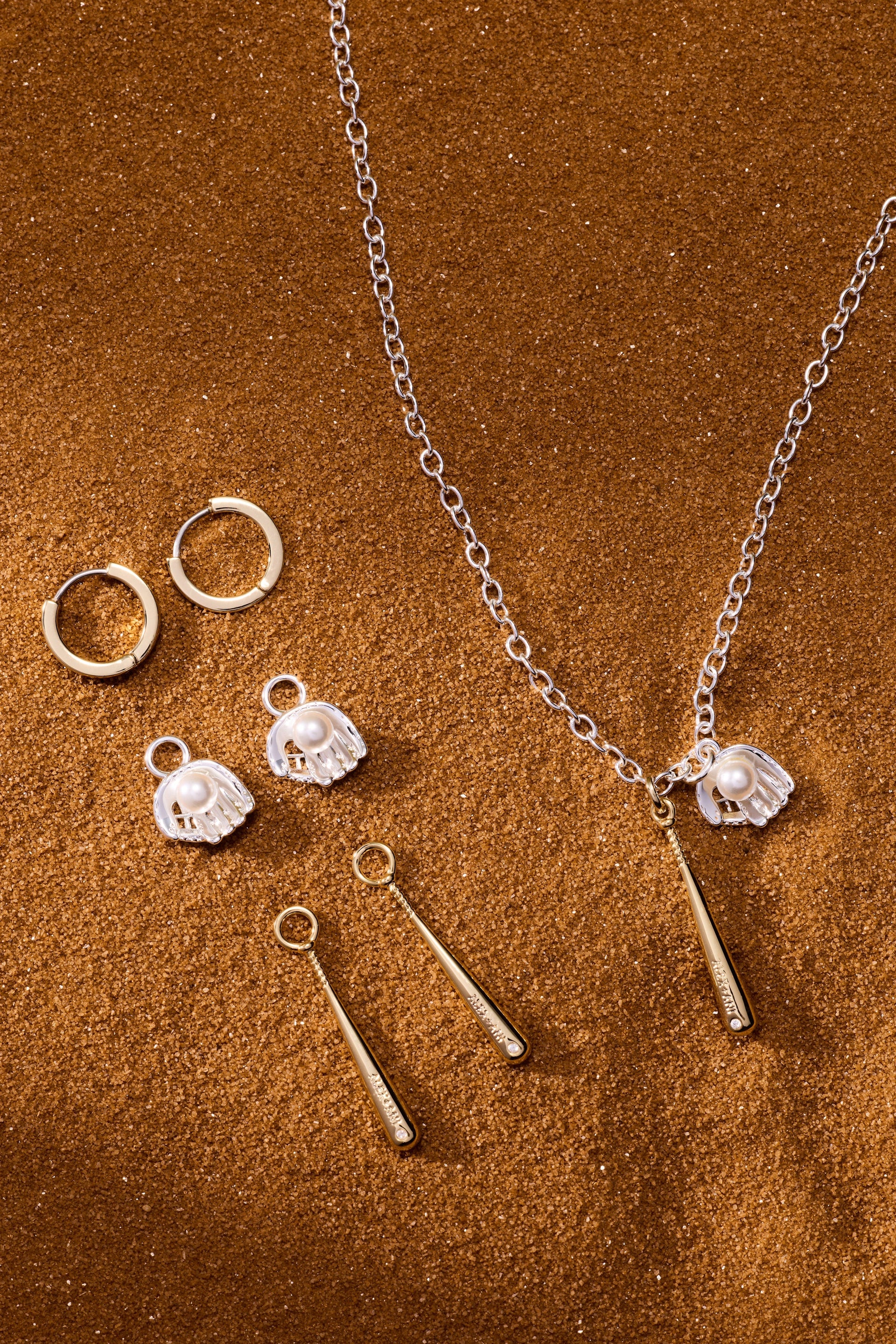 Baseball Duo Charm Pendant Necklace in Gold and Silver