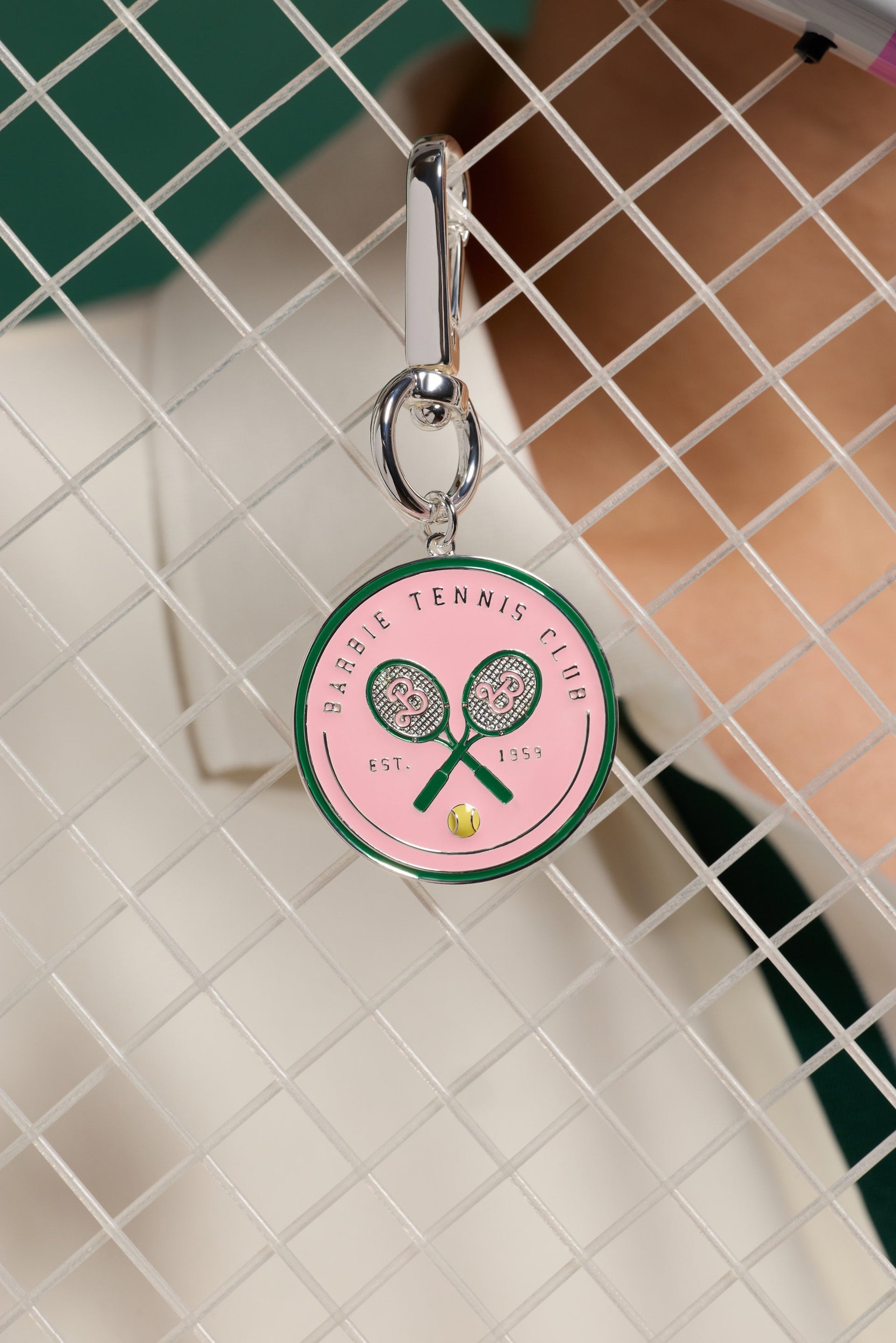 Barbie™ Tennis Bag Charm in Pink and Green with Racquet Motif