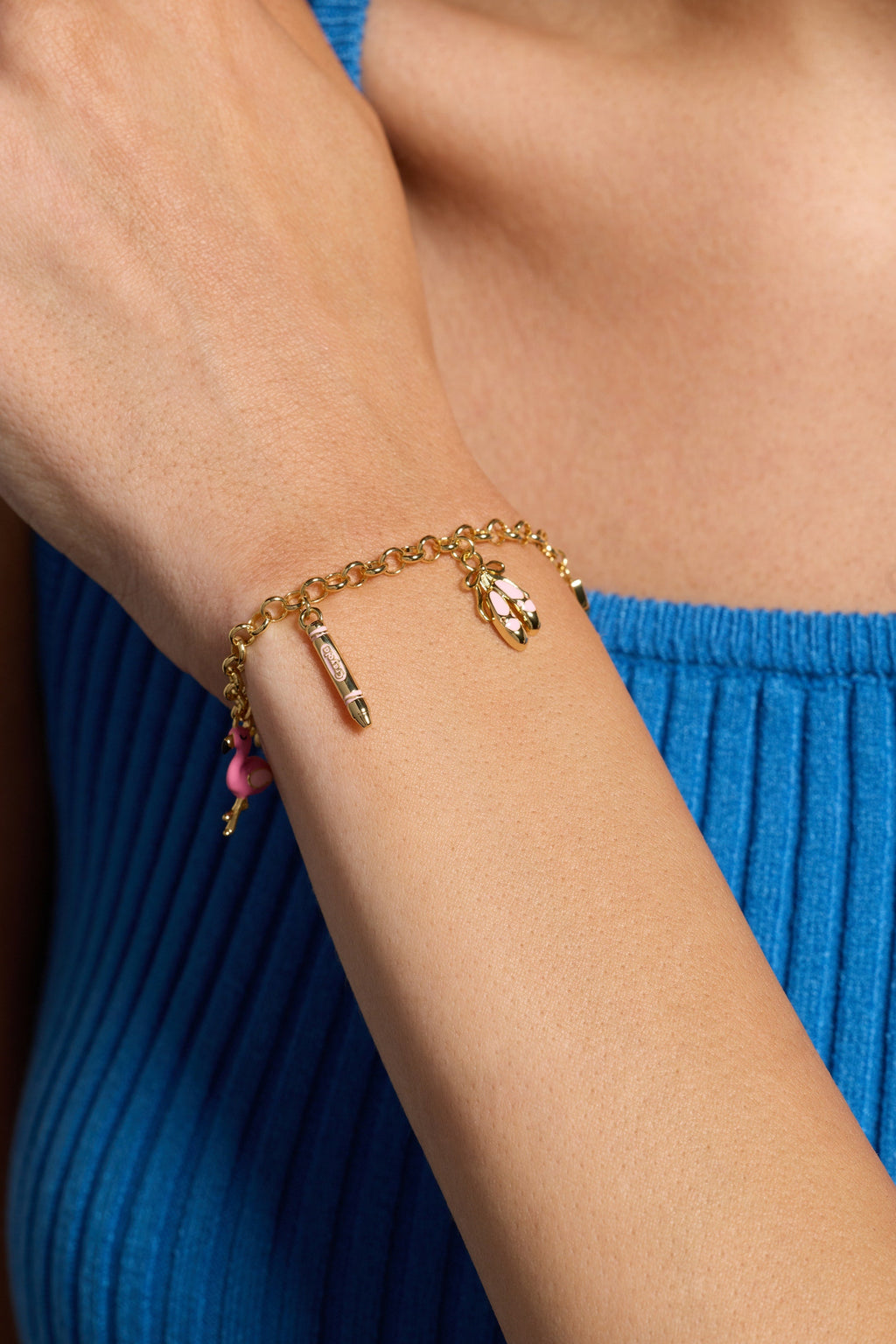 Tickle Me Pink Whimsical Charm Chain Bracelet with Enamel Charms