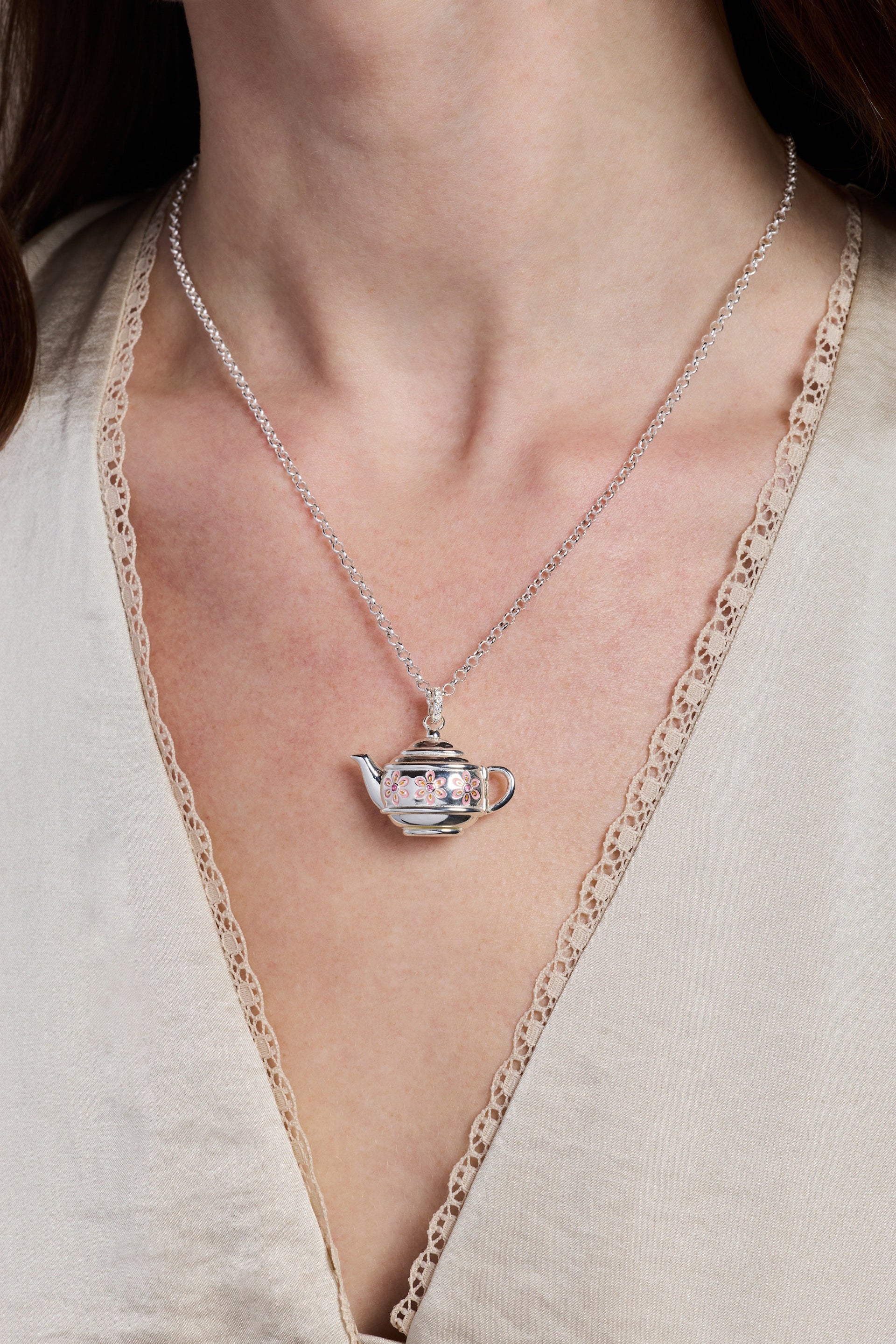 Whimsical Floral Teapot Locket Pendant Necklace in Silver
