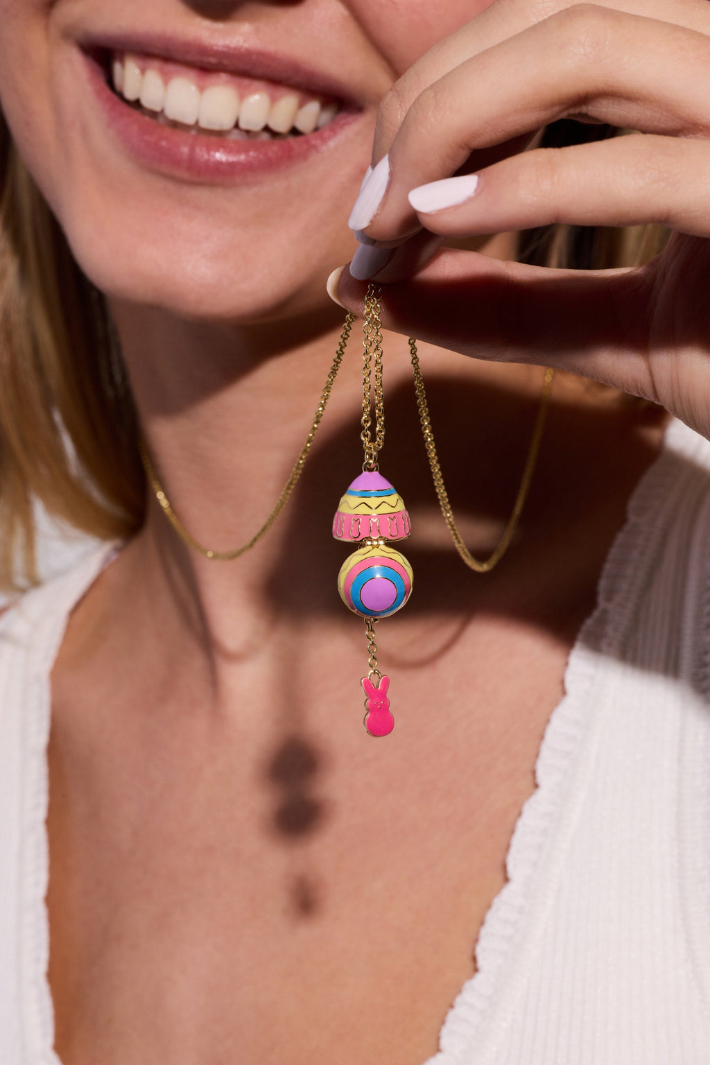 Enamel Easter Egg Pendant Necklace with Peeps Bunny Surprise