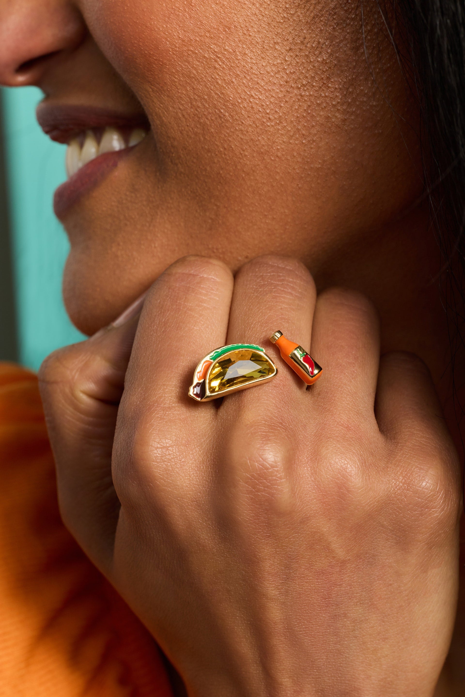 Gold-Plated Taco Open Ring with Crystal & Enamel Accents