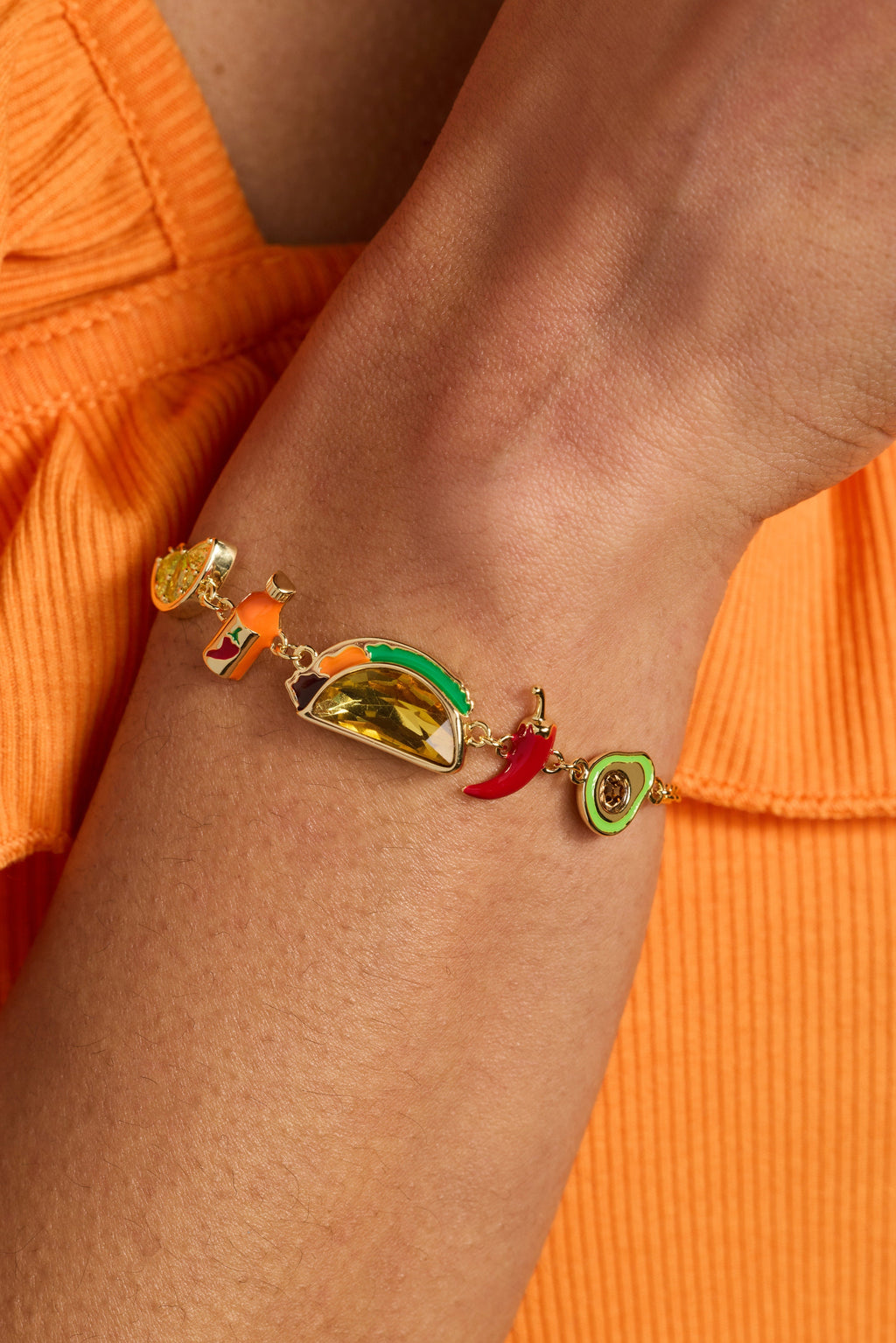 Taco Inline Charm Bracelet with Peridot and Topaz Crystals