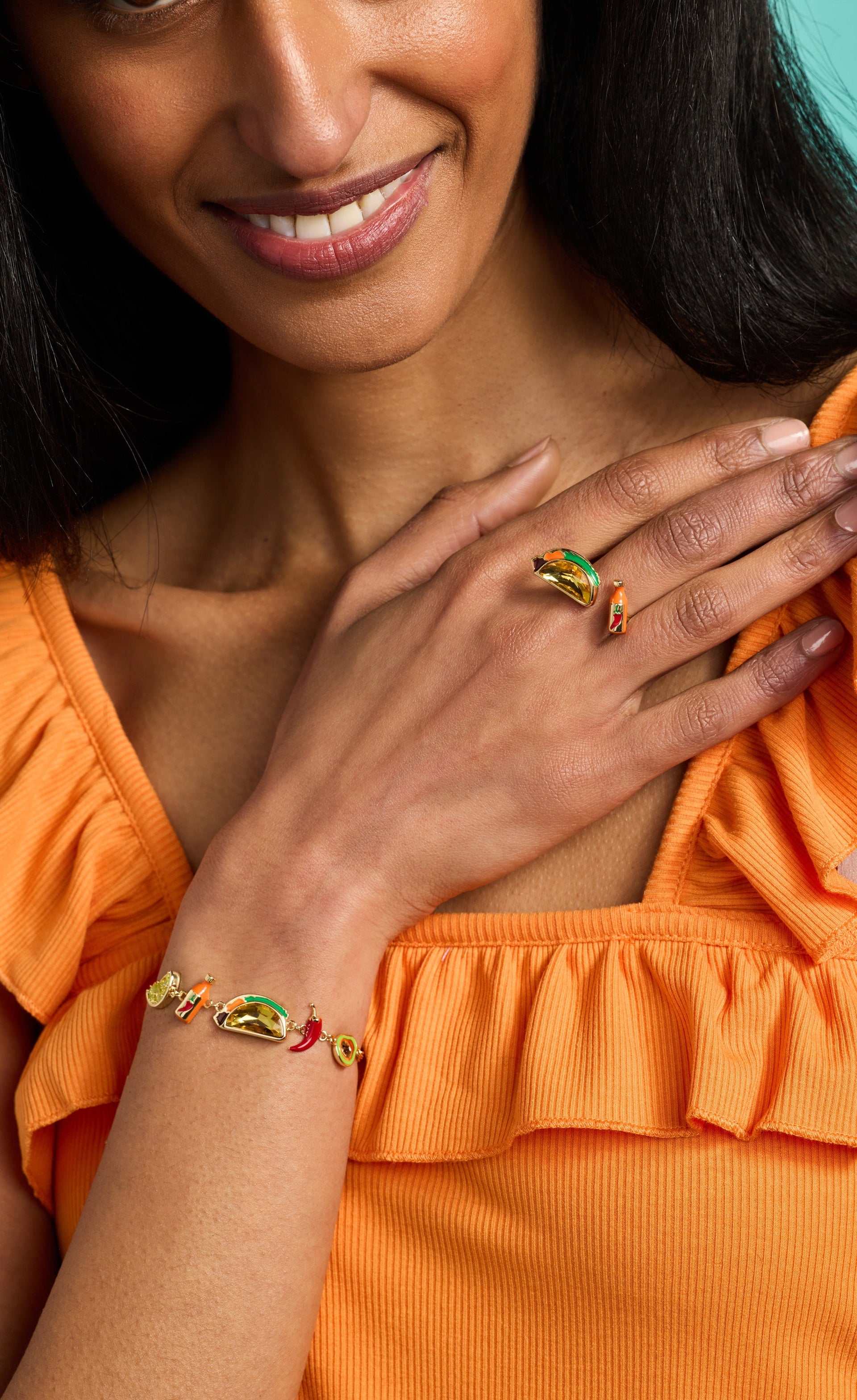 Gold-Plated Taco Open Ring with Crystal & Enamel Accents