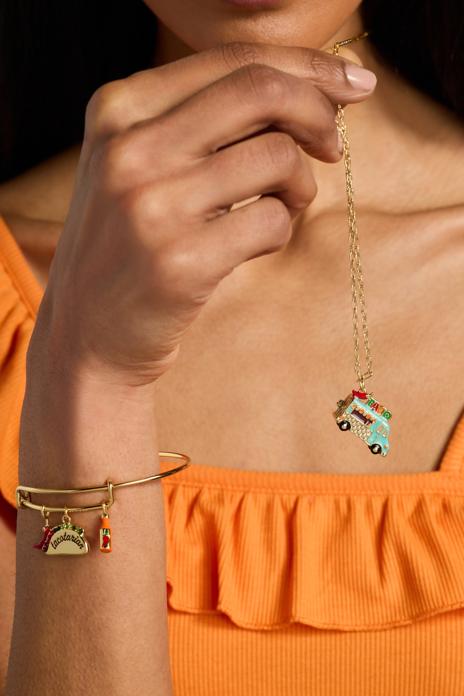 Gold-Plated Taco Truck Locket Necklace with Hot Sauce Charm